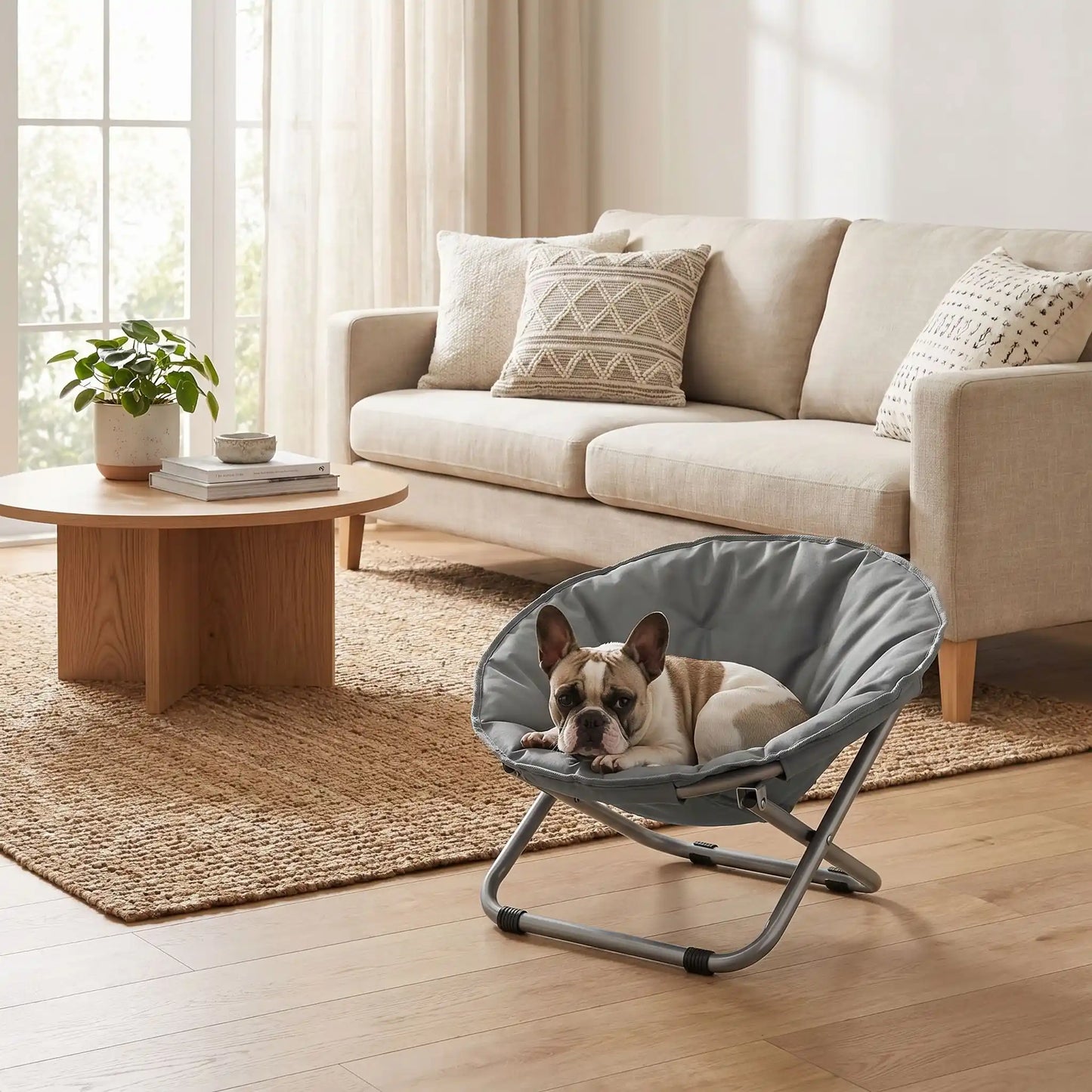 Chaise-pour-chien-chiot déhoussable et lavable, imperméable, structure design en acier robuste arrondie comme un cocon entourant avec deux hauteurs adaptables, pliable avec sa housse en nylon résistant aux griffes pour chiot et chien de 0 à 7 kilos-un chiot bouledogue couché dans la chaise entourante sur pieds de couleur gris dans le salon de l'appartement