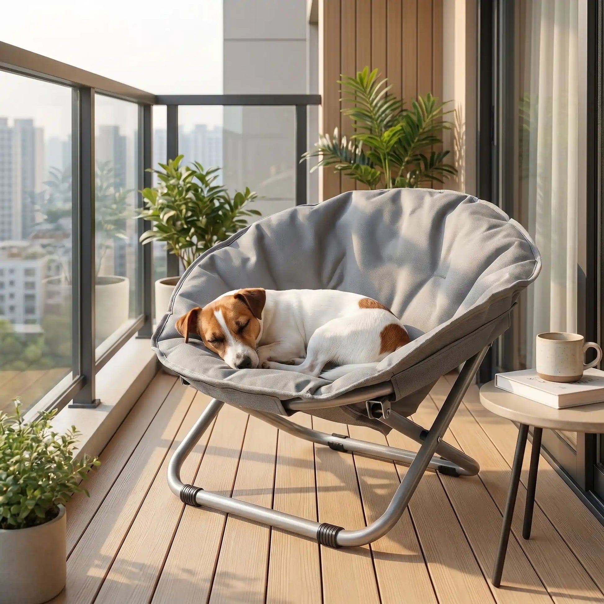 Chaise-pour-chien-chiot déhoussable et lavable, imperméable, structure design en acier robuste arrondie comme un cocon entourant avec deux hauteurs adaptables, pliable avec sa housse en nylon résistant aux griffes pour chiot et chien de 0 à 7 kilos-un petit chien qui dort paisiblement dans sa chaise ronde grise sur le balcon de l'appartement en été
