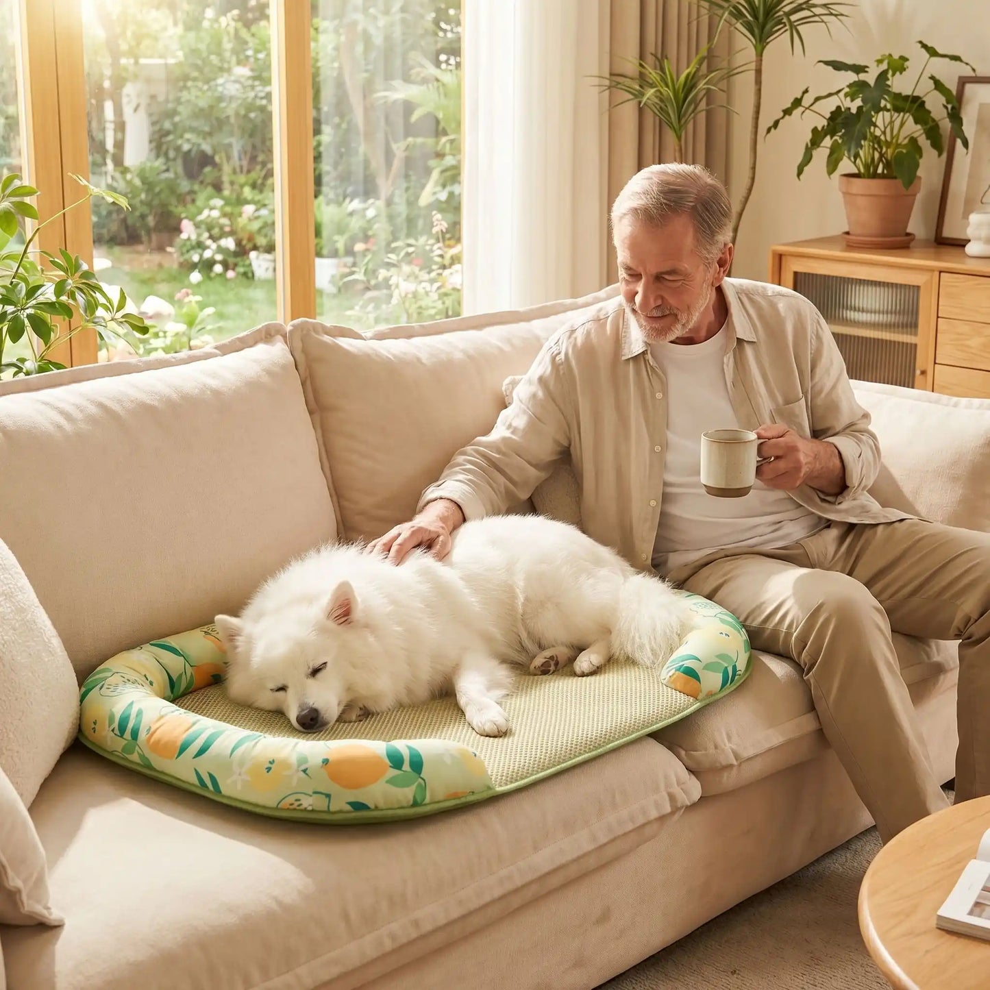 Chien-tapis-rafraichissant-coussin-apaisant avec rebord surélevé en U pour un effet entourant 100% coton haute densité, respirant , lavable et antidérapant, un effet rafraichissant immédiat sans eau ni électricité, sans danger pour les chiens de petites à moyenne tailles-un chien de race Esquimau Américain qui dort paisiblement sur son tapis rafraichissant sur le canapé du salon, entouré par le traversin rembourré protecteur, caressé avec tendresse par son maitre dans le salon de la maison en été 