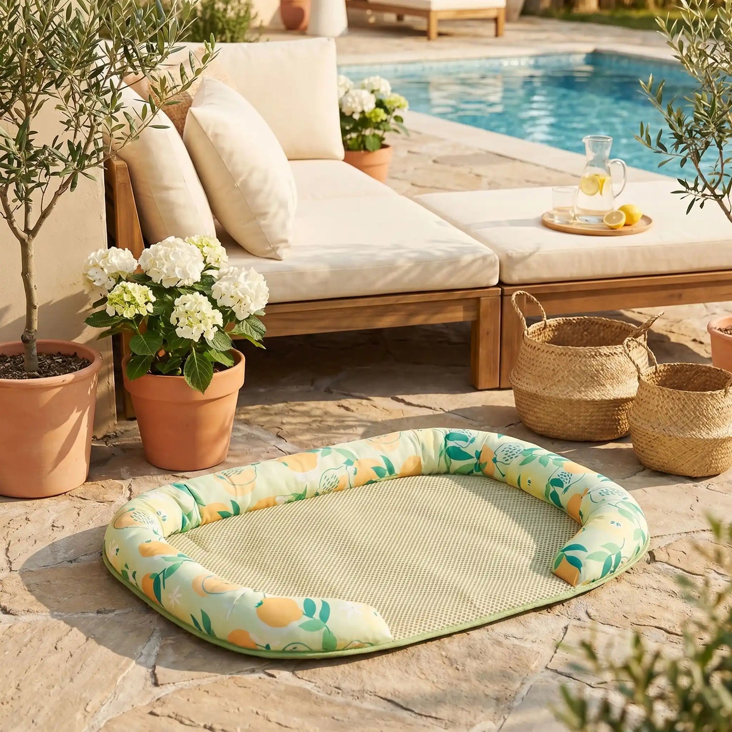 Chien-tapis-rafraichissant-coussin-apaisant avec rebord surélevé en U pour un effet entourant 100% coton haute densité, respirant , lavable et antidérapant, un effet rafraichissant immédiat sans eau ni électricité, sans danger pour les chiens de petites à moyenne tailles-gros plan sur le tapis rafraichissant pour chiot et chien, disponible en 3 tailles S, M et L ppur chien jusqu'à 15 kilos avec son traversin rembourré et son design estival d'agrume au bord de la piscine de la maison en été