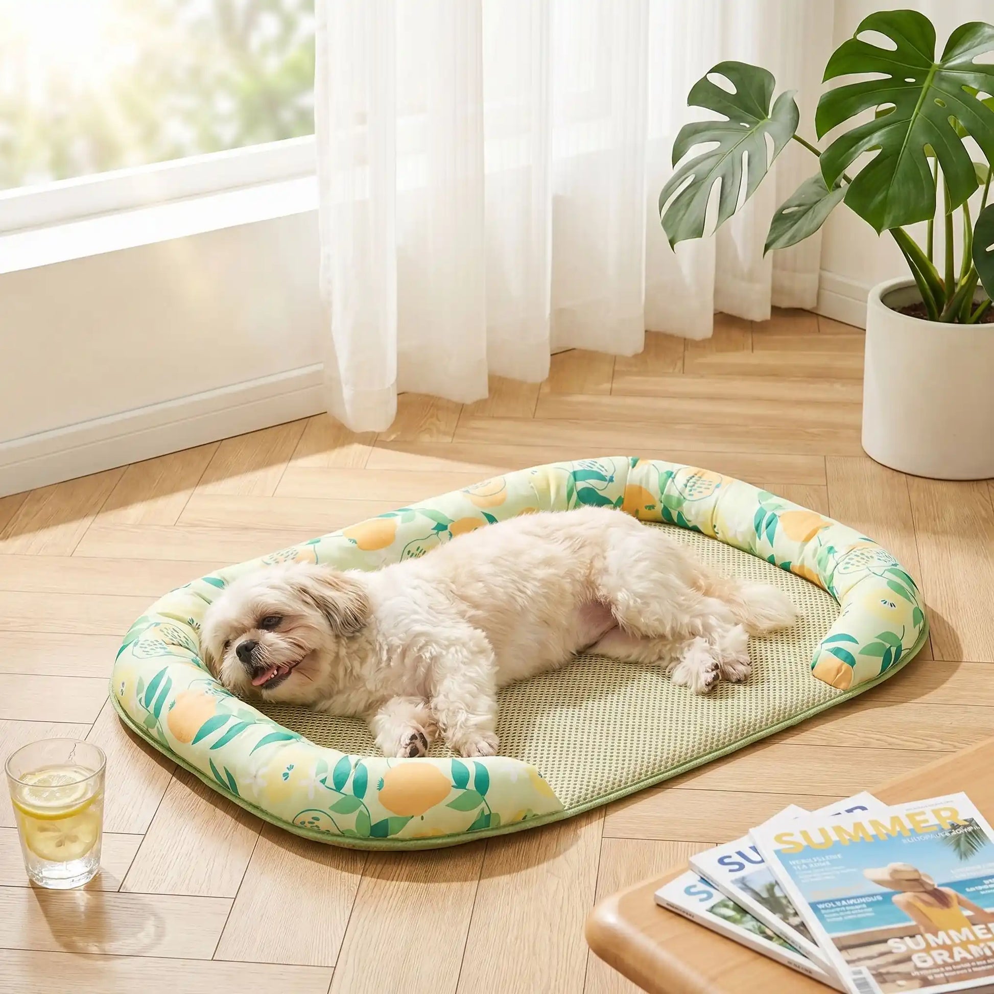 Chien-tapis-rafraichissant-coussin-apaisant avec rebord surélevé en U pour un effet entourant 100% coton haute densité, respirant , lavable et antidérapant, un effet rafraichissant immédiat sans eau ni électricité, sans danger pour les chiens de petites à moyenne tailles-un  Shih Tzu qui dort sur le flanc, et de tout son long sur son tapis rafraichissant entouré par le traversin rembourré protecteur sur le sol du salon de la maison en été