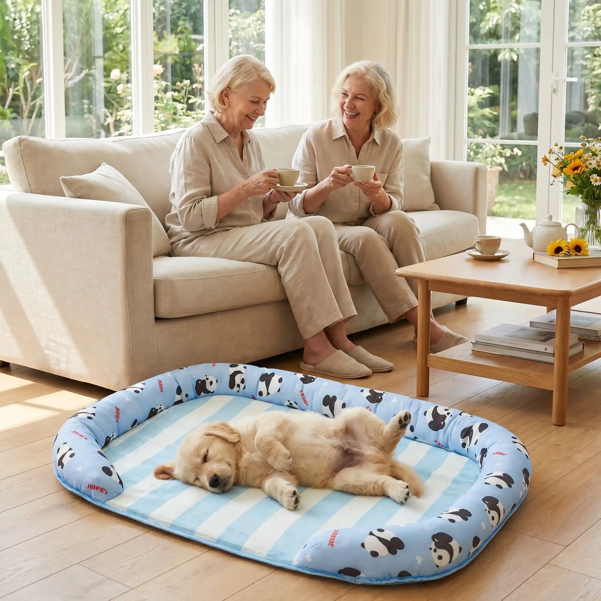 Chien-tapis-rafraichissant-coussin-apaisant avec rebord surélevé en U pour un effet entourant 100% coton haute densité, respirant , lavable et antidérapant, un effet rafraichissant immédiat sans eau ni électricité, sans danger pour les chiens de petites à moyenne tailles-un chiot qui dort paisiblement couché sur le dos et les pattes en l'air au frais sur son tapis rafraichissant, entouré par le traversin rembourré protecteur, dans le salon sous le regard amusé de son maitre et son amie qui boivent un thé 