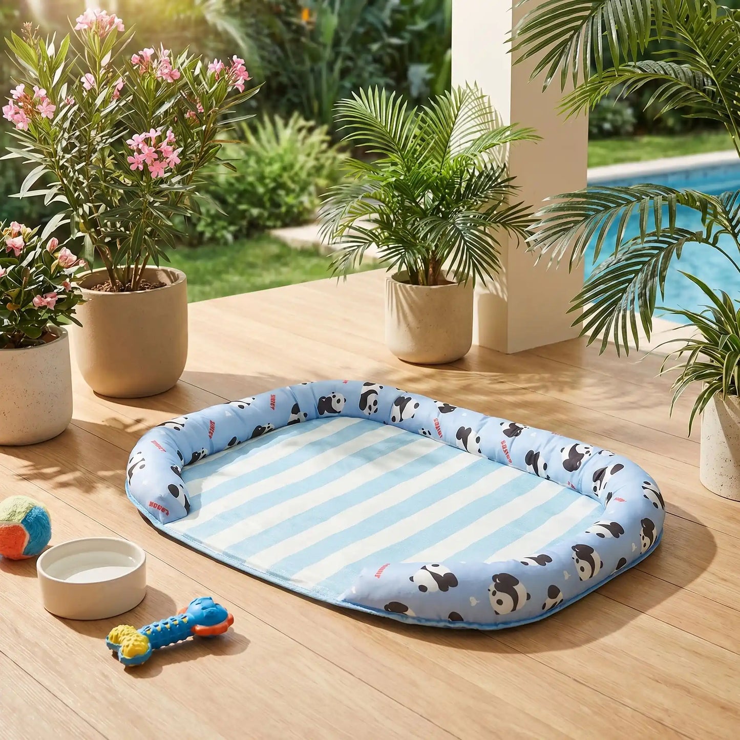 Chien-tapis-rafraichissant-coussin-apaisant avec rebord surélevé en U pour un effet entourant 100% coton haute densité, respirant , lavable et antidérapant, un effet rafraichissant immédiat sans eau ni électricité, sans danger pour les chiens de petites à moyenne tailles-gros plan sur le tapis rafraichissant, fond rayures bleu et blanc et traversin rembourré en U avec motif original panda sur la treasse à côté de la piscine de la maison en été , 3 tailles disponibles S,M et L pour chiot/chien de 0-15 kilos 