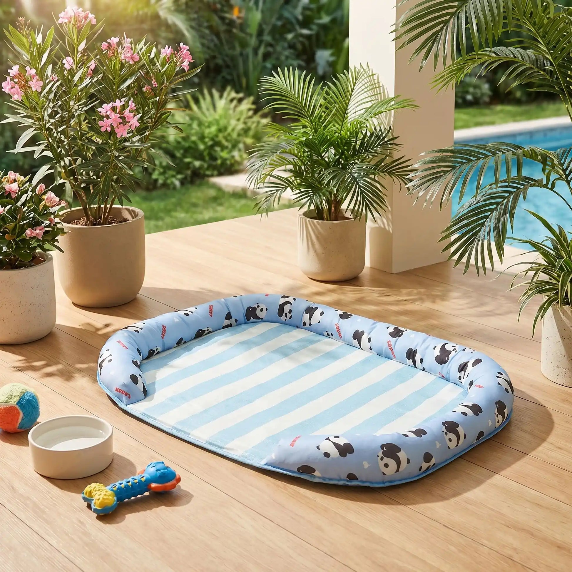 Chien-tapis-rafraichissant-coussin-apaisant avec rebord surélevé en U pour un effet entourant 100% coton haute densité, respirant , lavable et antidérapant, un effet rafraichissant immédiat sans eau ni électricité, sans danger pour les chiens de petites à moyenne tailles-gros plan sur le tapis rafraichissant, fond rayures bleu et blanc et traversin rembourré en U avec motif original panda sur la treasse à côté de la piscine de la maison en été , 3 tailles disponibles S,M et L pour chiot/chien de 0-15 kilos 