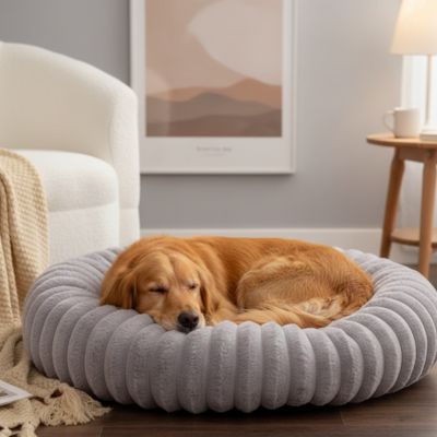 Coussin-anti-stress-chien-chiot-cocon-antiderapant, rembourrage 100% coton haute densité, housse en velours doux et hypoallergénique,lavable en machine, lit rond en forme de donut avec rembord surélevé entourant à 360° en peluche douce et disponible en 4 tailles du XS au XL pour chien de petite à grande taille-un chien moyen qui dort paisiblement dans son coussin rond apaisant et chaud ergonomique au rembourrage 100% coton haute densité dans le salon de la maison