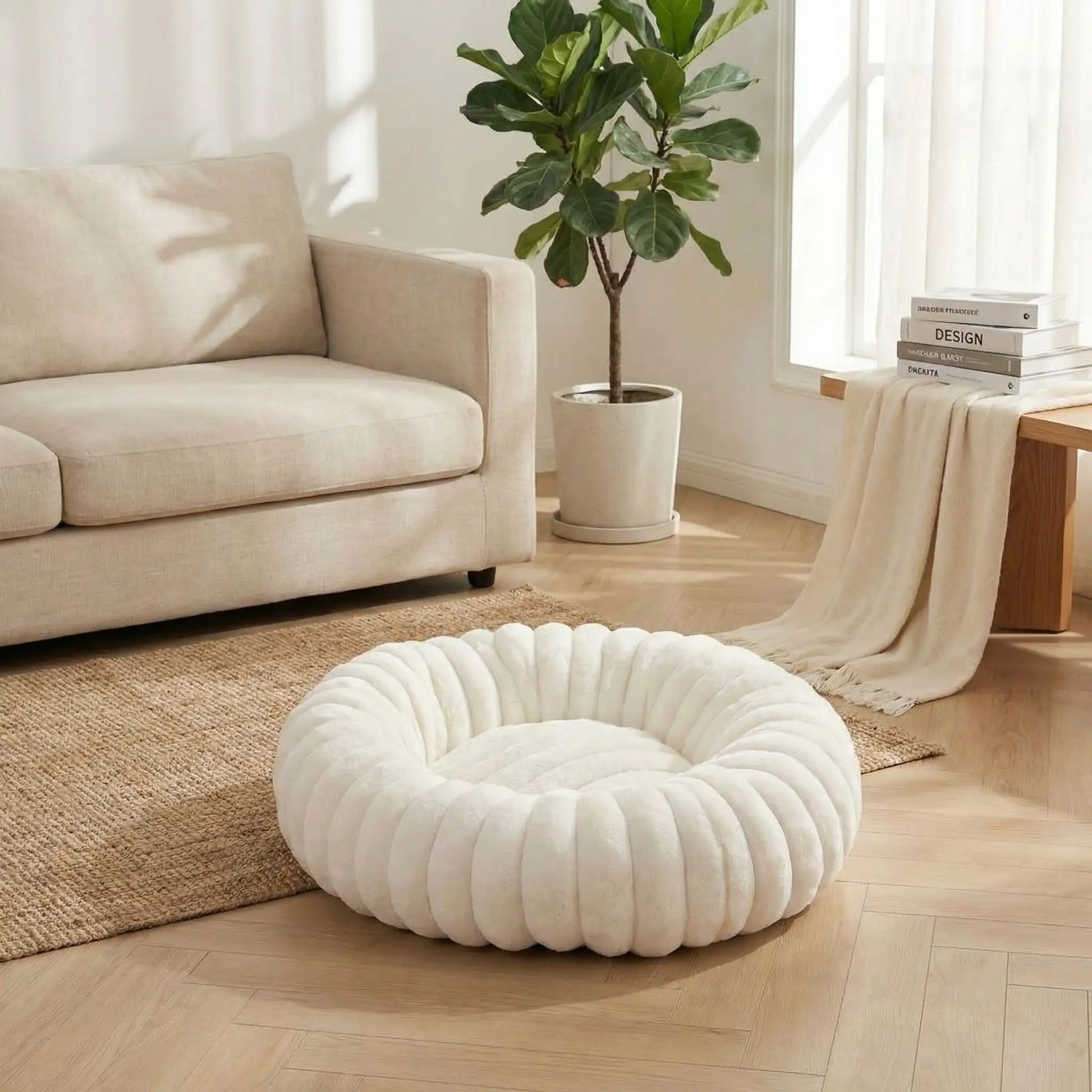 Coussin-anti-stress-chien-chiot-cocon-antiderapant, rembourrage 100% coton haute densité, housse en velours doux et hypoallergénique,lavable en machine, lit rond en forme de donut avec rembord surélevé entourant à 360° en peluche douce et disponible en 4 tailles du XS au XL pour chien de petite à grande taille-gros plan sur le coussin rond épais et rembourré de couleur blanc
