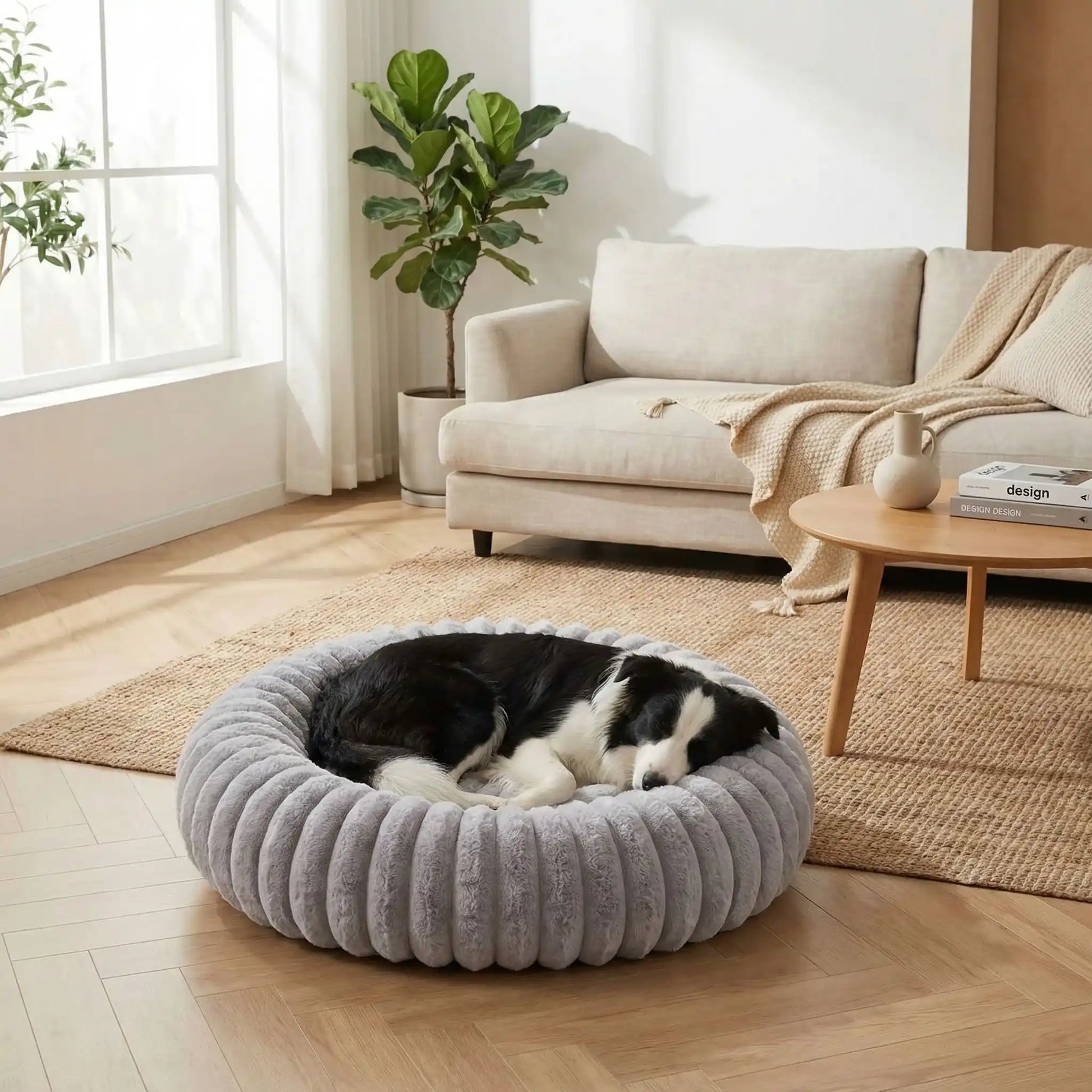 Coussin-anti-stress-chien-chiot-cocon-antiderapant, rembourrage 100% coton haute densité, housse en velours doux et hypoallergénique,lavable en machine, lit rond en forme de donut avec rembord surélevé entourant à 360° en peluche douce et disponible en 4 tailles du XS au XL pour chien de petite à grande taille-unchien de race moyenne  qui dort niché dans son coussin rond de taille L,apaisant et chaud ergonomique au rembourrage 100% coton haute densité dans le salon de l'appartement