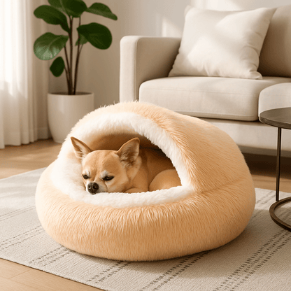 Coussin-anti-stress-chien-niche-ronde-lit rond au design semi-fermé-peluche-antidérapant-imperméable-rembourrage 100% coton haute densité ergonomique-douillet enveloppant-apaisant-avec rebord surélevé 360° sécurisant-lavable en machine-pour chiot et petit chien de 0 à 8 kg-un chien nain qui dort paisiblement dans son coussin en forme de niche avec couverture enveloppante sur le dessus cousu, sa tête reposant sur le rebord de l'avant du lit rond de couleur saumon dans le salon de l'appartement