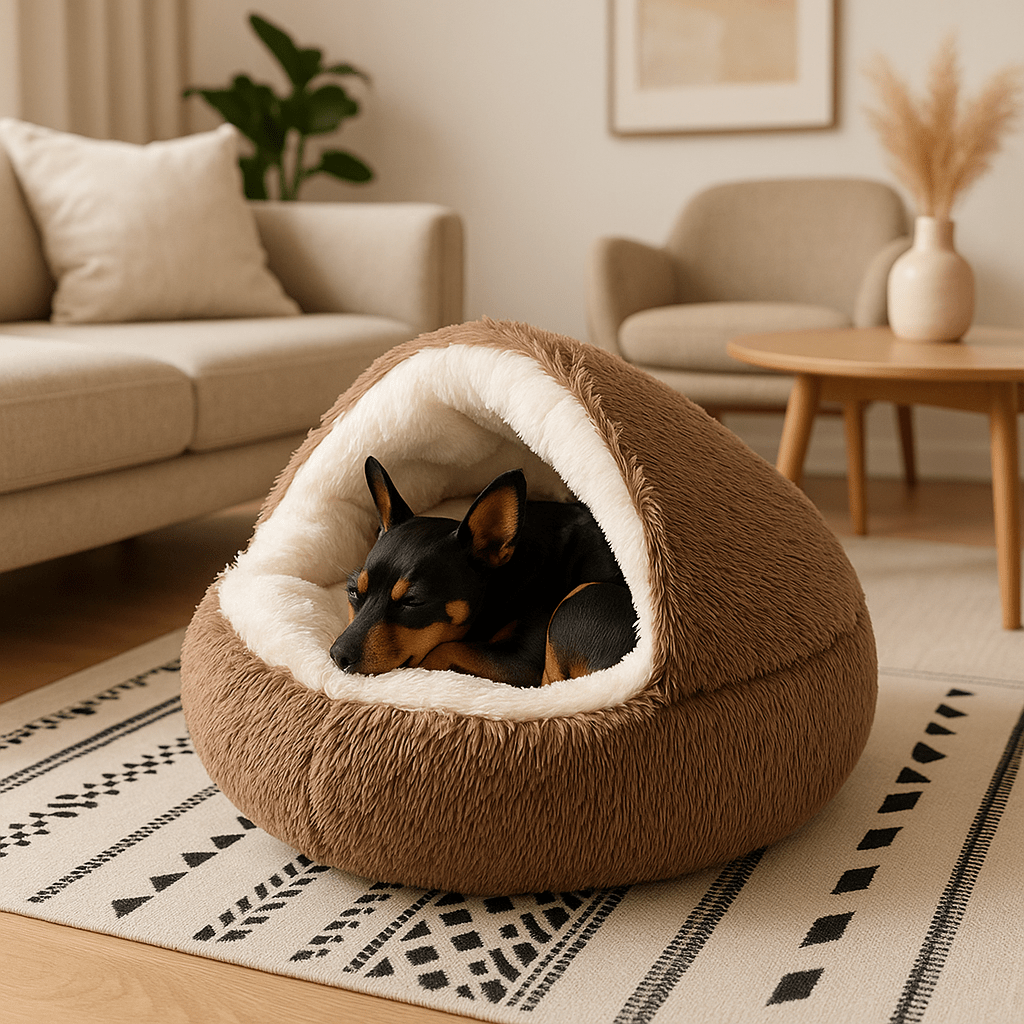 Coussin-anti-stress-chien-niche-ronde-lit rond au design semi-fermé-peluche-antidérapant-imperméable-rembourrage 100% coton haute densité ergonomique-douillet enveloppant-apaisant-avec rebord surélevé 360° sécurisant-lavable en machine-pour chiot et petit chien de 0 à 8 kg-un chien miniature qui dort paisiblement dans son coussin en forme de niche avec couverture enveloppante sur le dessus cousu, sa tête reposant sur le rebord de l'avant du lit rond de couleur marron dans le salon de l'appartement