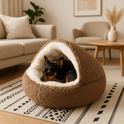 Coussin-anti-stress-chien-niche-ronde-lit rond au design semi-fermé-peluche-antidérapant-imperméable-rembourrage 100% coton haute densité ergonomique-douillet enveloppant-apaisant-avec rebord surélevé 360° sécurisant-lavable en machine-pour chiot et petit chien de 0 à 8 kg-un chien miniature qui dort paisiblement dans son coussin en forme de niche avec couverture enveloppante sur le dessus cousu, sa tête reposant sur le rebord de l'avant du lit rond de couleur marron dans le salon de l'appartement