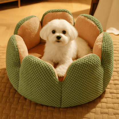 Coussin-anti-stress-petit-chien-chiot-en forme de fleur avec rebord surélevé en forme de pétale-un petit chien assis confortablement dans son petit lit rond en peluche ultra-douce et coussin rembourré 100% coton haute densité lavable en machine dans le salon de la maison