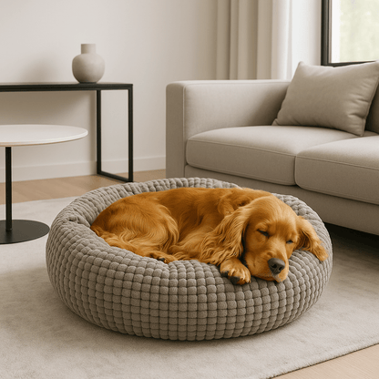 Coussin-anti-stress-pour-chien-niche-couverture-lavable en machine-antidérapant-100% coton haute densité-chaud et enveloppant-un chien de taille moyenne qui dort paisiblement couché en boule dans son lit rond, sa tête posée sur le rebord pour un effet anti-anxiété dans le salon de l'appartement