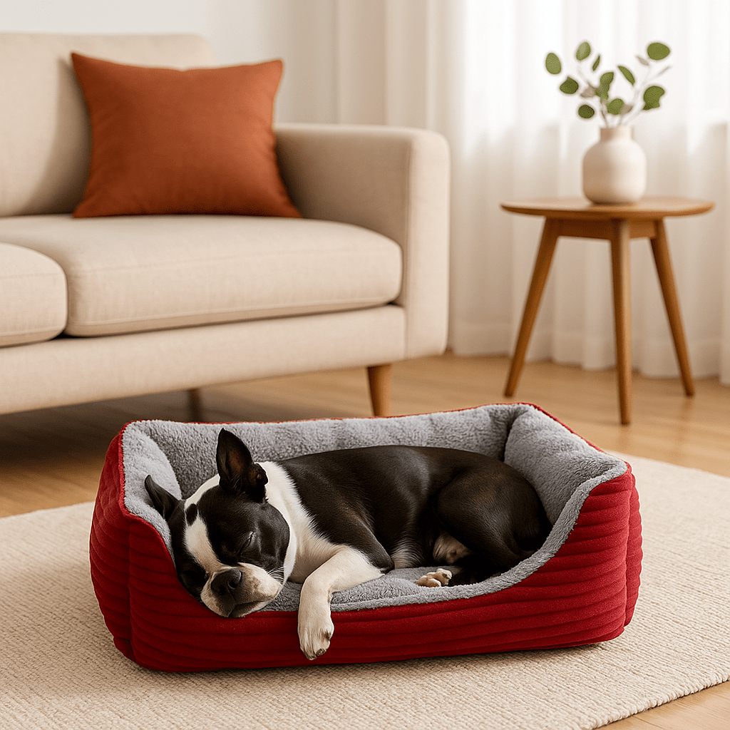 Coussin-chien-lit-rembourrage 100% coton à mémoire de forme-velours-résistant, avec rebord surélevés, imperméable et antidérapant, un Boston Terrier qui dort paisiblement en boule dans son panier rouge dans le salon de la maison 