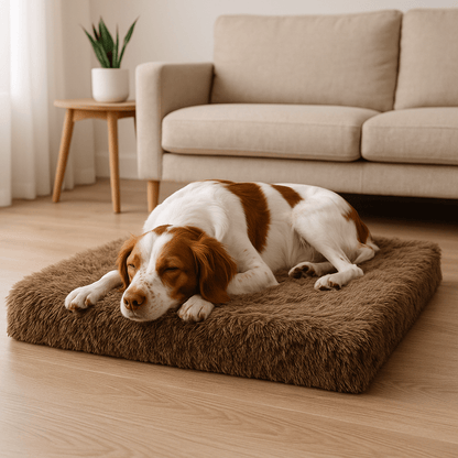 Coussin-chien-orthopédique-chiot-un chien de taille moyenne qui dort sur le ventre, la tête reposant sur la housse en peluche douce et anti-stress du matelas à mémoire de forme, déhoussable et lavable en machine, antidérapant et imperméable dans le salon de la maison