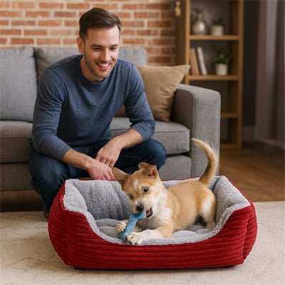 Coussin-chien-panier-rectangulaire-rembourrage 100% coton à mémoire de forme-velours-résistant, avec rebord surélevés, imperméable et antidérapant-lavable-un chiot qui joue avec son os dans le coussin rectangulaire en forme de panier chaud et douillet à côté de son maitre qui le regarde souriant sur le sol du salon de l'appartement