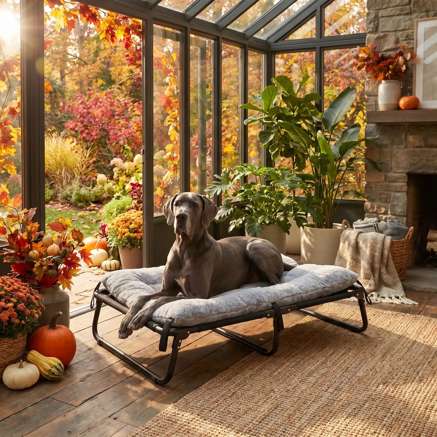 Coussin-chien-déhoussable-pour-lit-de-camp, de camping, surélevé et pliable de 4 tailles S, M, L et XL pour chien de petite à grande taille, rembourrage 100% coton PP et housse en peluche et velours ultra-doux et hypoallergénique de couleur gris, résistant aux griffes-un chien de race de grande taille couché confortablement sur son coussin rembourré en coton attaché par ses 6 sangles avec clips sur le lit pliant surélevé dans la véranda de la maison