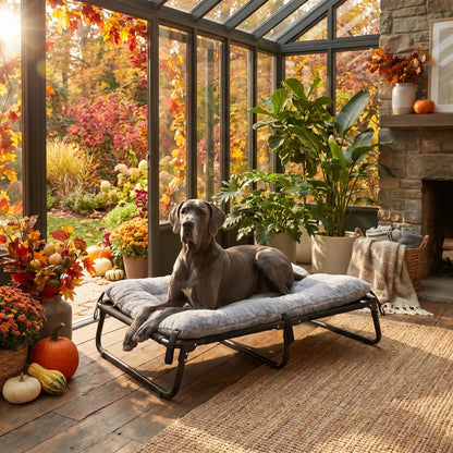 Coussin-chien-déhoussable-pour-lit-de-camp, de camping, surélevé et pliable de 4 tailles S, M, L et XL pour chien de petite à grande taille, rembourrage 100% coton PP et housse en peluche et velours ultra-doux et hypoallergénique de couleur gris, résistant aux griffes-un chien de race de grande taille couché confortablement sur son coussin rembourré en coton attaché par ses 6 sangles avec clips sur le lit pliant surélevé dans la véranda de la maison
