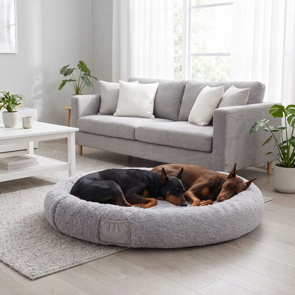 Coussin-chien-xxl-déhoussable-avec-rebord-orthopédique, matelas à mémoire de forme et rebord cylindrique surélevé 360° anti anxiété , rembourrage 100% coton PP, lit ovale en peluche, imperméable, antidérapante et lavable en machine, taille humaine pour cododo avec le chien de 176x122 cm ou couchage multi-animaux-deux chien de grande race qui dorment paisiblement niché dans le grand coussin gris ultra doux avec poches de rangement sur le boudin et poignée de transport dans le salon de la maison