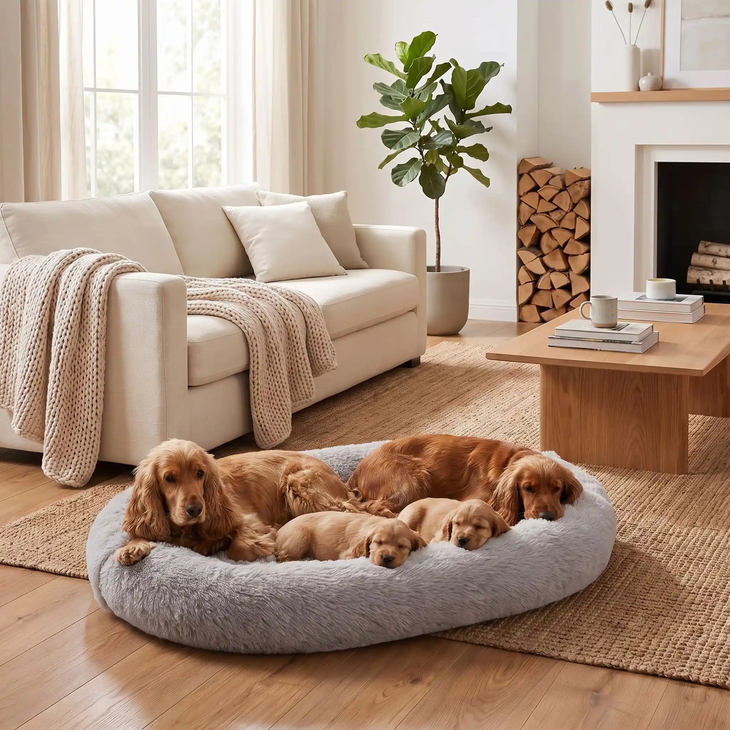 Coussin-chien-xxl-déhoussable-avec-rebord-orthopédique, matelas à mémoire de forme et rebord cylindrique surélevé 360° anti anxiété , rembourrage 100% coton PP, lit ovale en peluche, imperméable, antidérapante et lavable en machine, taille humaine pour cododo avec le chien de 176x122 cm ou couchage multi-animaux-deux chiens de race moyenne avec leurs chiots paisiblement niché dans le grand coussin gris ultra doux avec poches de rangement sur le boudin et poignée de transport dans le salon de l'appartement