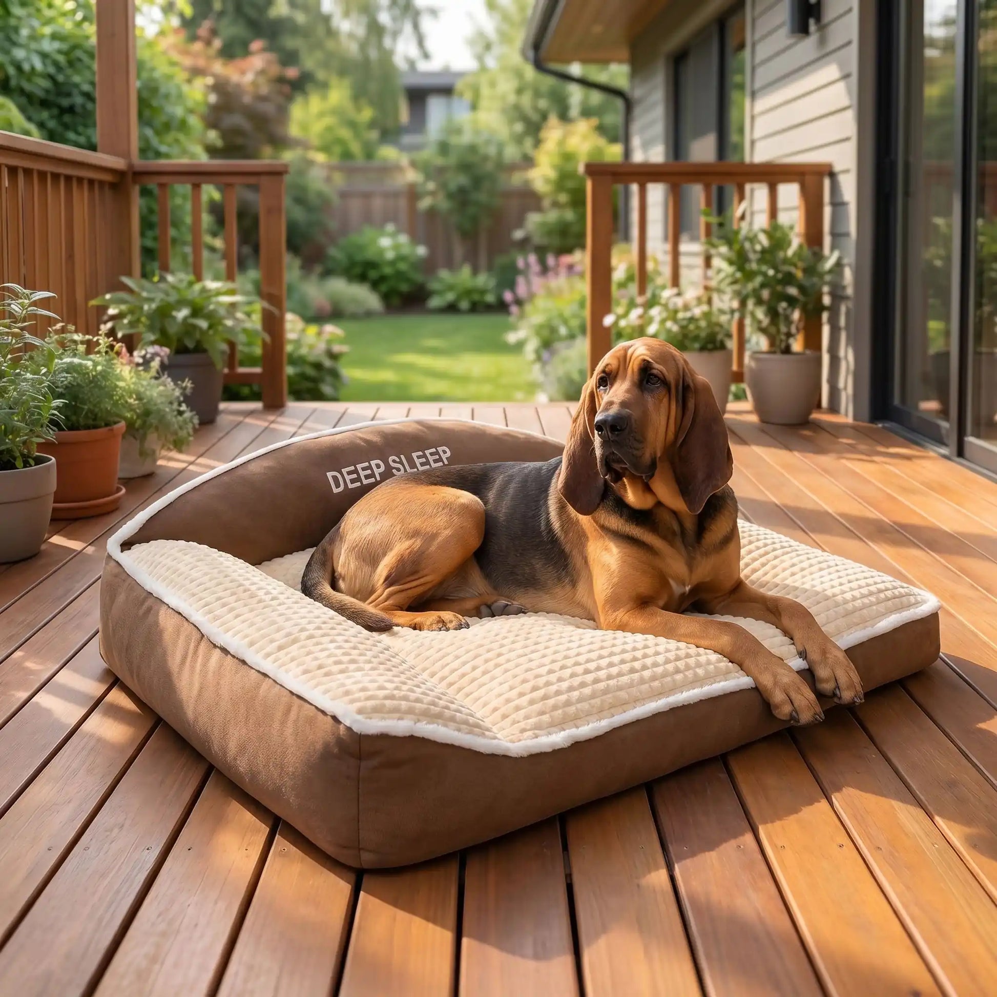 Coussin-chien-xxl-déhoussable-ergonomique-antidérapant, lavable en machine, rembourrage 100% coton haute densité avec rebords surélevés en L pour un soutien cervical et un effet entourant apaisant et sécurisant, tissu ultra-doux en flanelle hypoallergénique, résistant aux griffes et morsures, imperméable-un  Chien de Saint-Hubert couché confortablement sur le matelas avec traversin épais surélevés en L rembourré 100% coton haute densité sur la terrasse en bois de la maison