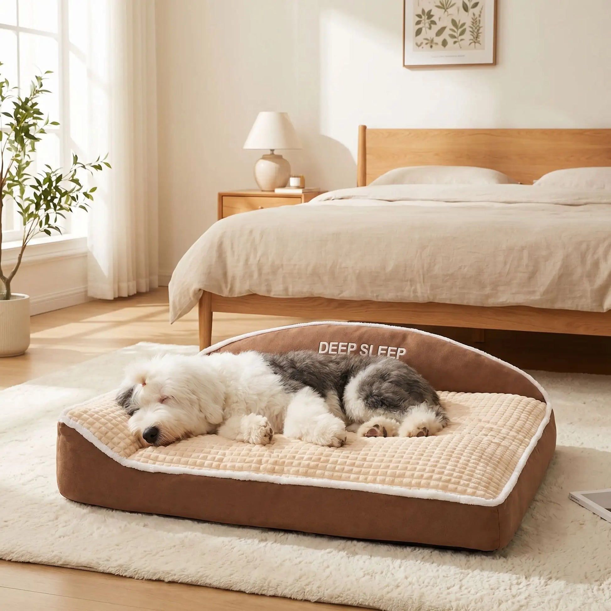 Coussin-chien-xxl-déhoussable-ergonomique-antidérapant, lavable en machine, rembourrage 100% coton haute densité avec rebords surélevés en L pour un soutien cervical et un effet entourant apaisant et sécurisant, tissu ultra-doux en flanelle hypoallergénique, résistant aux griffes et morsures, imperméable-un grand chien frisé qui dort paisiblement couché sur le flan de tout son long sur le lit épais, niché dans l'angle des deux rebords surélevés en L rembourré 100% coton haute densité  sur le sol 