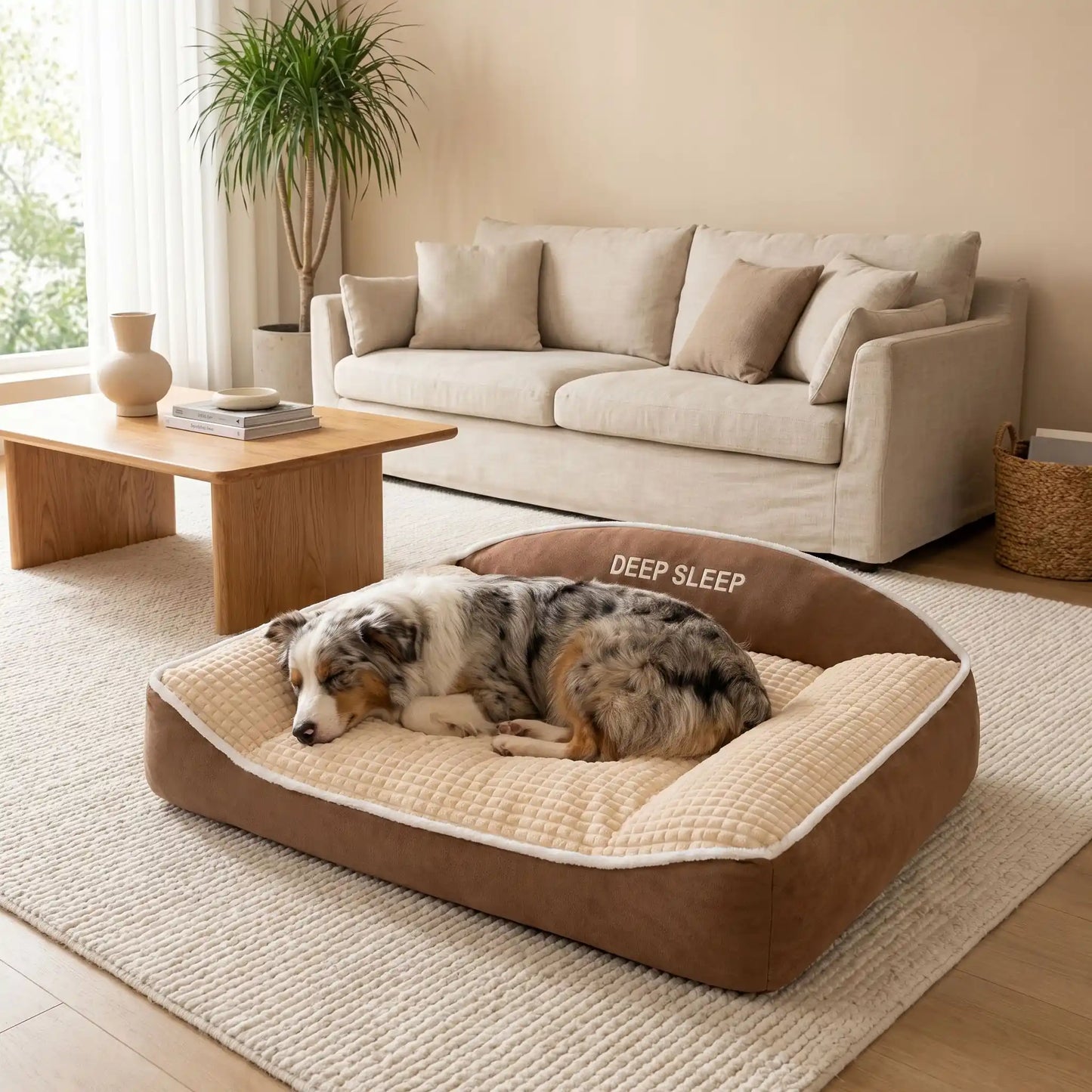 Coussin-chien-xxl-déhoussable-ergonomique-antidérapant, lavable en machine, rembourrage 100% coton haute densité avec rebords surélevés en L pour un soutien cervical et un effet entourant apaisant et sécurisant, tissu ultra-doux en flanelle hypoallergénique, résistant aux griffes et morsures, imperméable-un chien de taille moyenne qui dort paisiblement couché sur le flan de tout son long sur le lit épais, niché dans l'angle des deux rebords surélevés en L rembourré 100% coton haute densité  sur le sol 
