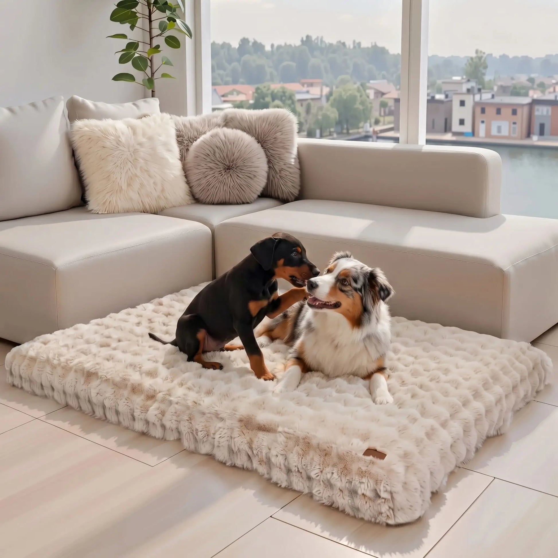 Coussin-dehoussable-chien-chiot rectangulaire en 4-grandes-tailles L, XL, XXL, 3XL, et 4XL pour chien de grande taille et race géante rembourrage 100% coton haute densité ergonomique avec housse déhoussable et lavable en machine imperméable antidérapante et en peluche ultra-douce haute densité, résistant aux griffes, épais et confortable-un chiot et un chien de taille moyenne qui jouent sur le lit xxl de 120 cm de long de couleur beige marron dans le salon de l'appartement