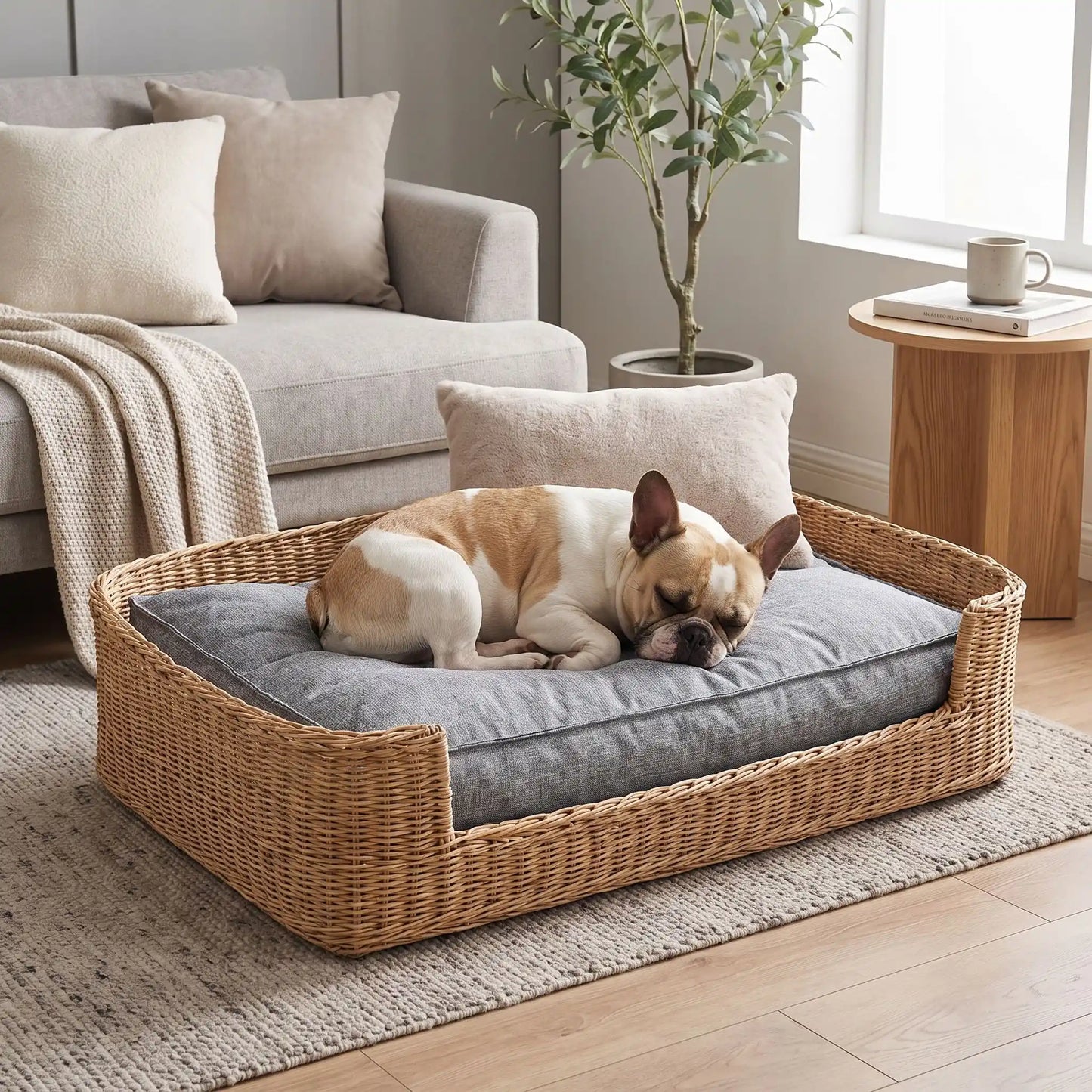Coussin-déhoussable-chien-chiot-lit- rectangulaire, houss solide et résistante aux griffes 100% lin naturel respirant, mateals 4 saisons au rembourrage 100% coton haute densité, coutures renforcés et matelassés pour un couchage anti affaissement et soutien ergonomique pour chien et chiot de 0 à 45 kg max, disponible en 4 tailles S, M, L et XL de couleur gris au design chic et épuré-un chien de taille moyenne qui dort confortablement sur son coussin rectangulaire épais dans son panier en osier dans le salon