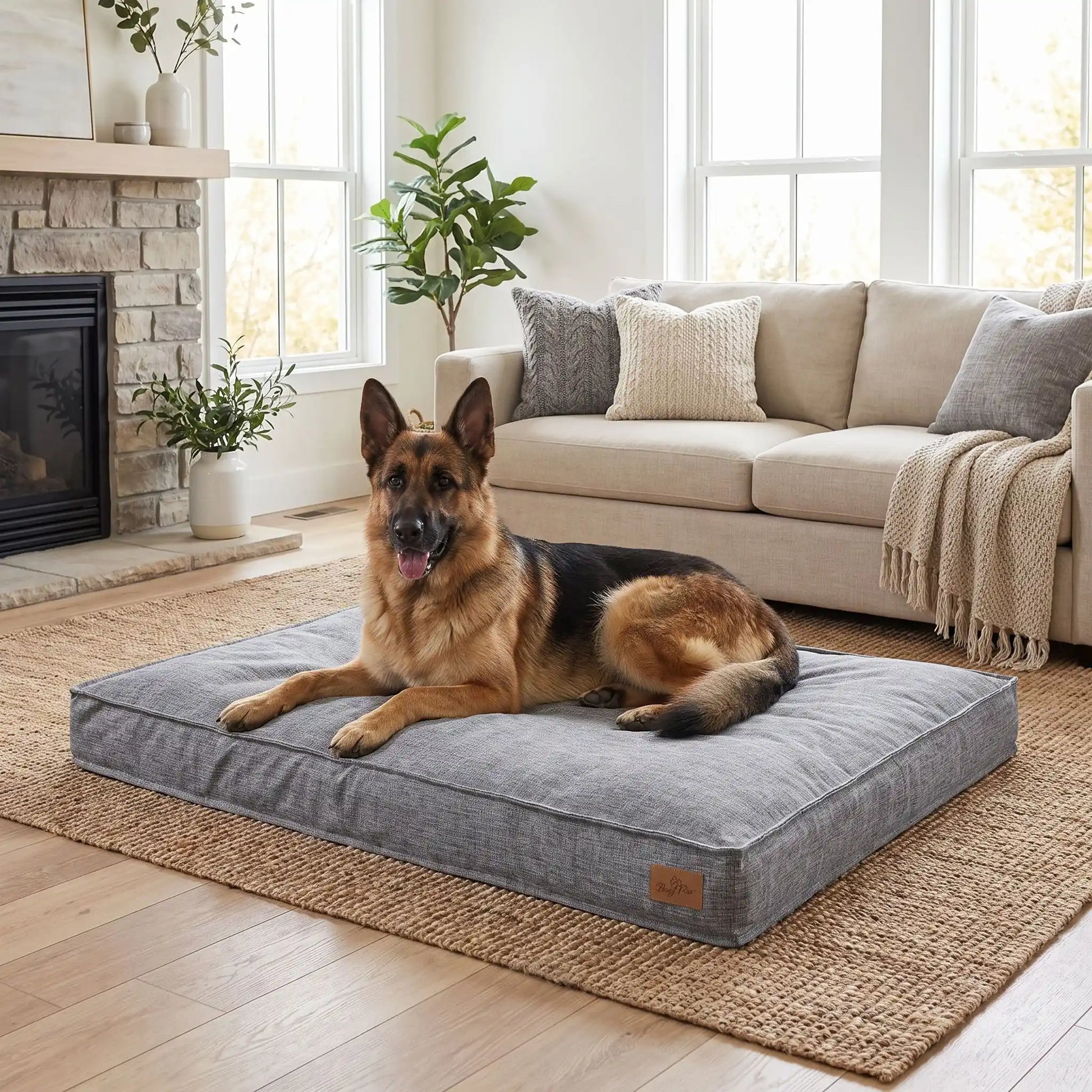 Coussin-déhoussable-chien-chiot-lit- rectangulaire, houss solide et résistante aux griffes 100% lin naturel respirant, mateals 4 saisons au rembourrage 100% coton haute densité, coutures renforcés et matelassés pour un couchage anti affaissement et soutien ergonomique pour chien et chiot de 0 à 45 kg max, disponible en 4 tailles S, M, L et XL de couleur gris au design chic et épuré-un chien de grande taille couché confortablement sur son coussin rectangulaire épais sur le sol du salon de la maison