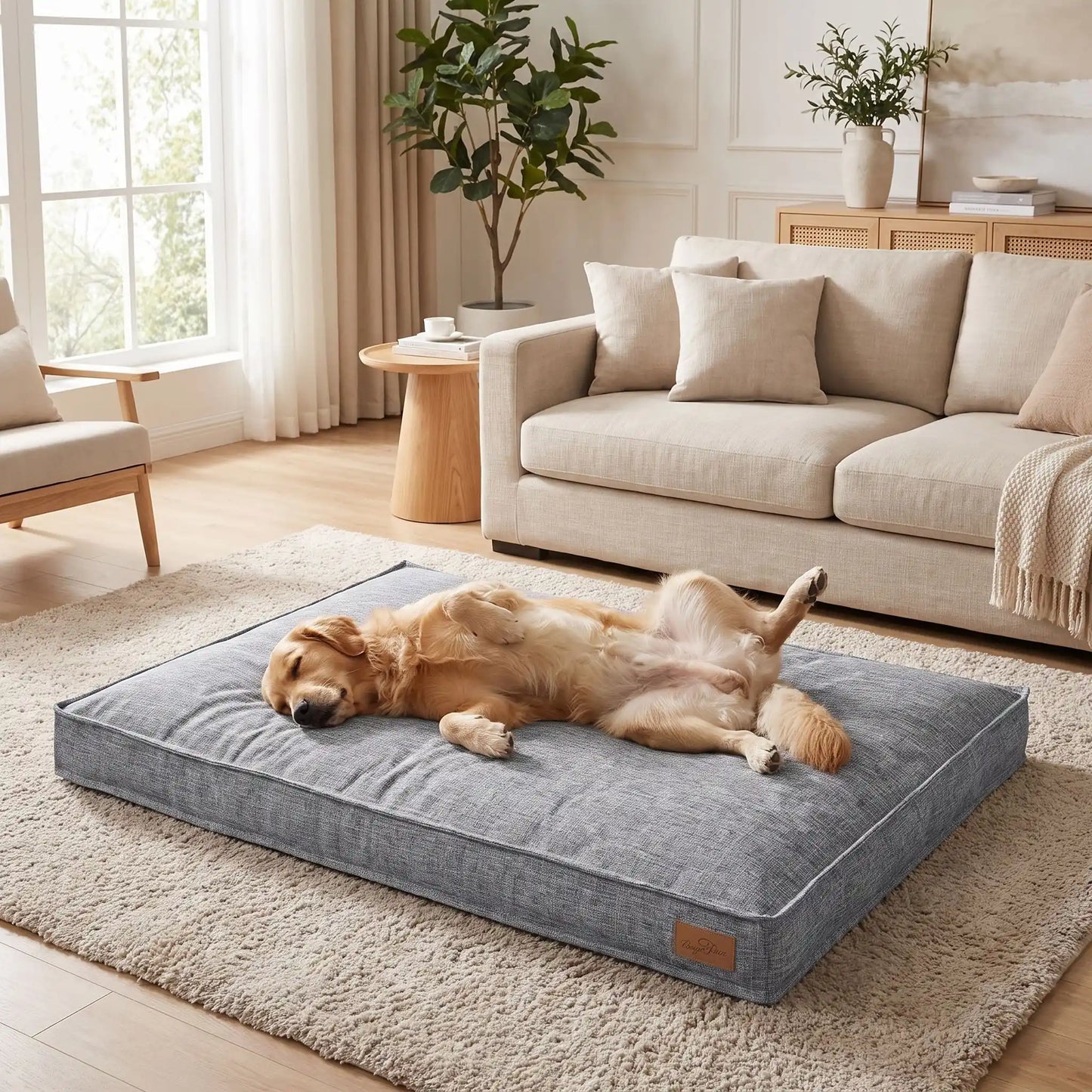 Coussin-déhoussable-chien-chiot-lit- rectangulaire, houss solide et résistante aux griffes 100% lin naturel respirant, mateals 4 saisons au rembourrage 100% coton haute densité, coutures renforcés et matelassés pour un couchage anti affaissement et soutien ergonomique pour chien et chiot de 0 à 45 kg max, disponible en 4 tailles S, M, L et XL de couleur gris au design chic et épuré-un chien de taille moyenne qui dort confortablement sur son coussin xl rectangulaire épais sur le sol du salon de l'appartement