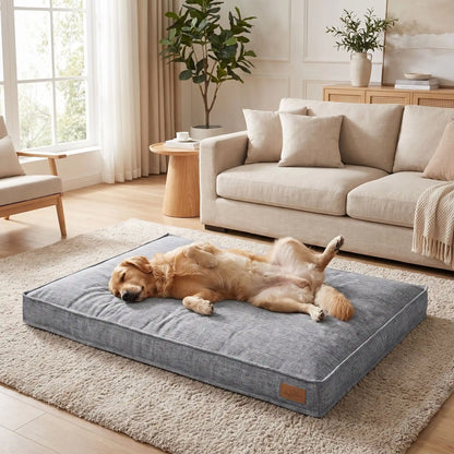 Coussin-déhoussable-chien-chiot-lit- rectangulaire, houss solide et résistante aux griffes 100% lin naturel respirant, mateals 4 saisons au rembourrage 100% coton haute densité, coutures renforcés et matelassés pour un couchage anti affaissement et soutien ergonomique pour chien et chiot de 0 à 45 kg max, disponible en 4 tailles S, M, L et XL de couleur gris au design chic et épuré-un chien de taille moyenne qui dort confortablement sur son coussin xl rectangulaire épais sur le sol du salon de l'appartement