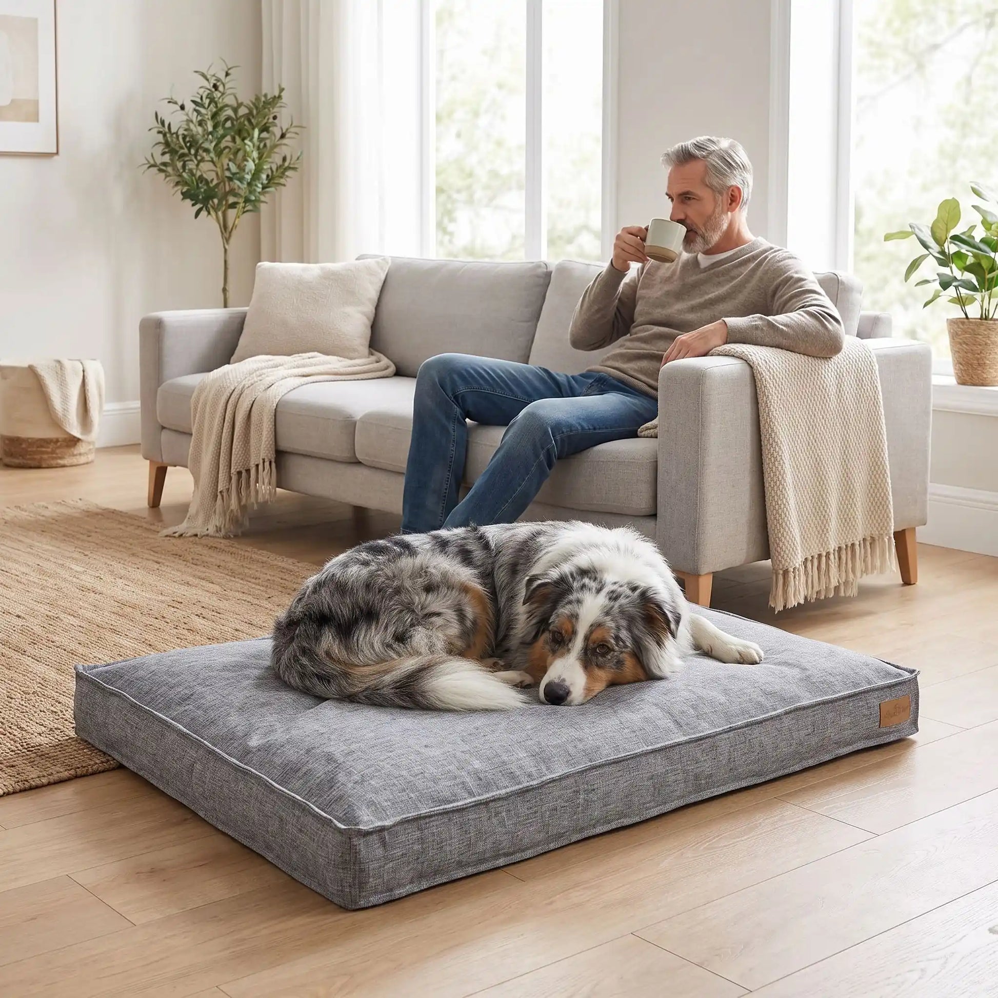 Coussin-déhoussable-chien-chiot-lit- rectangulaire, houss solide et résistante aux griffes 100% lin naturel respirant, mateals 4 saisons au rembourrage 100% coton haute densité, coutures renforcés et matelassés pour un couchage anti affaissement et soutien ergonomique pour chien et chiot de 0 à 45 kg max, disponible en 4 tailles S, M, L et XL de couleur gris au design chic et épuré-un chien de taille moyenne qui se repose confortablement sur son coussin épais au pied de son maitre assis sur le canapé