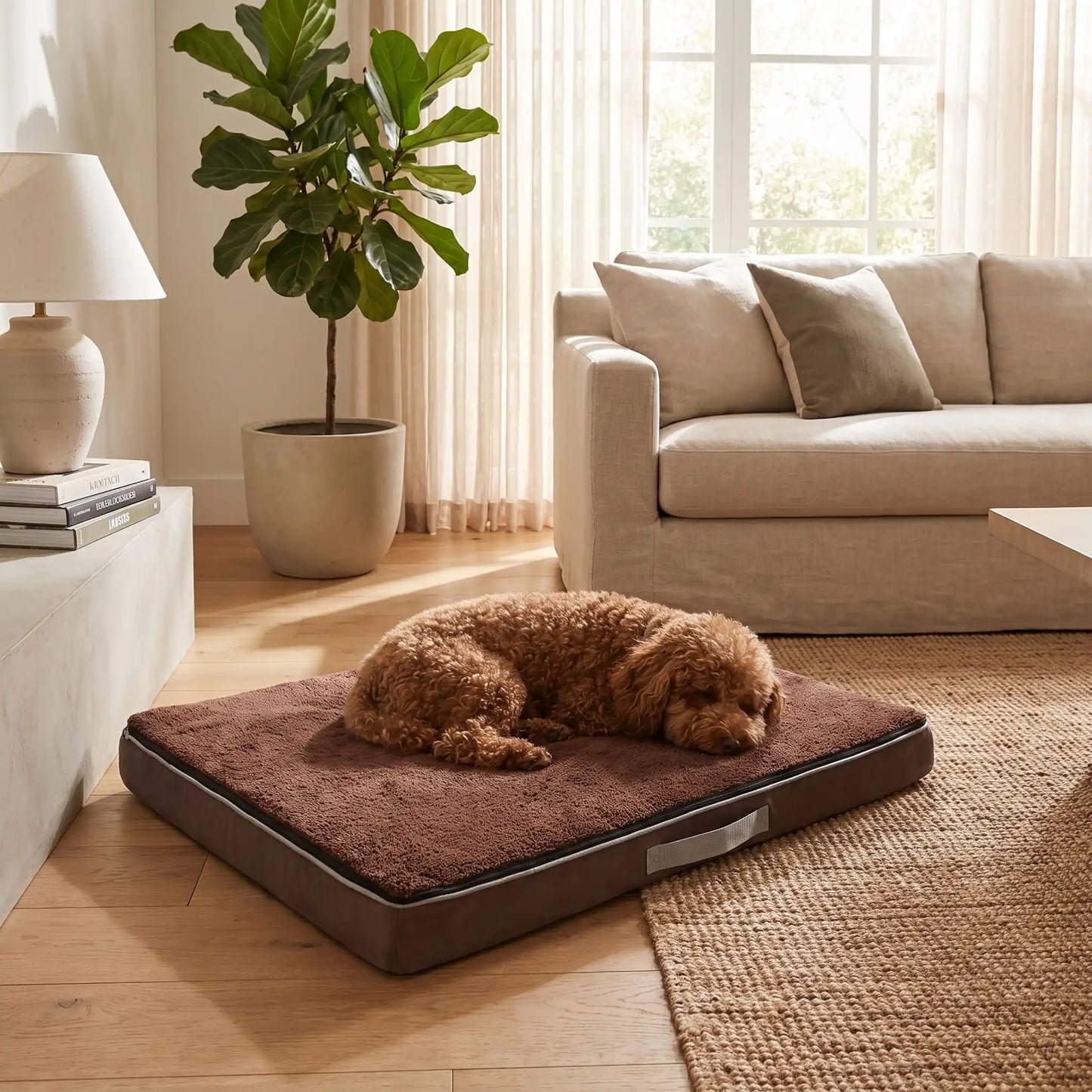 Coussin-déhoussable-chien-chiot-orthopédique avec son matelas à mémoire de forme, éponge coton haute densité anti-affaissement, rectangulaire et épais, housse tissu oxford 600D ultr-résistant et solide avec couverture en peluche, lit 4 saisons, amovible avec fermeture éclair, 100% imperéable et antidérapant, déhoussable et lavable en machine, disponible en 3 tailles S, M et L pour chien jusqu'à 25 kilos max-un chien moyen qui dort paisiblement sur le coussin marron rectangulaire côté peluche face hiver 