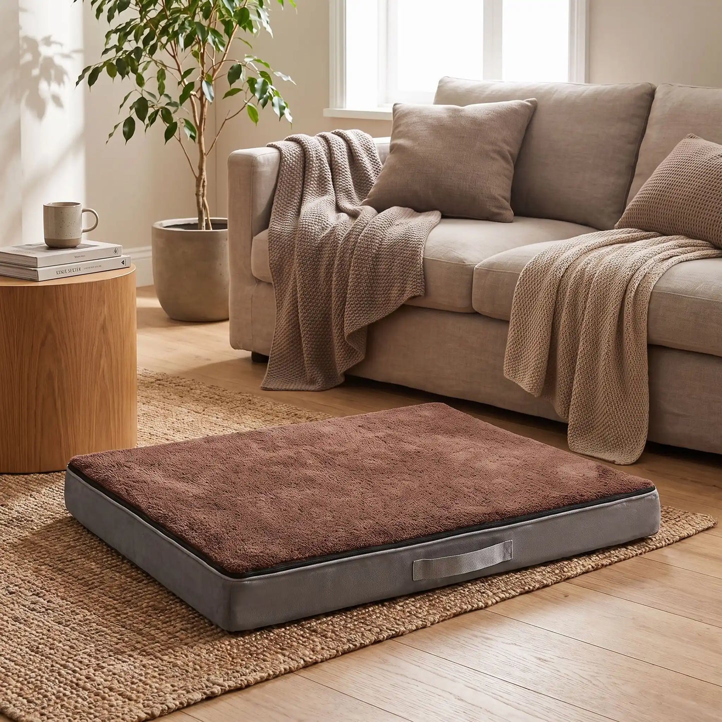 Coussin-déhoussable-chien-chiot-orthopédique avec son matelas à mémoire de forme, éponge coton haute densité anti-affaissement, rectangulaire et épais, housse tissu oxford 600D ultr-résistant et solide avec couverture en peluche, lit 4 saisons, amovible avec fermeture éclair, 100% imperéable et antidérapant, déhoussable et lavable en machine, disponible en 3 tailles S, M et L pour chien jusqu'à 25 kilos max-gros plan sur le coussin marron de taille L et couleur marron, 4 saisons réversible tissu et peluche 
