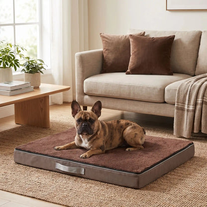 Coussin-déhoussable-chien-chiot-orthopédique avec son matelas à mémoire de forme, éponge coton haute densité anti-affaissement, rectangulaire et épais, housse tissu oxford 600D ultr-résistant et solide avec couverture en peluche, lit 4 saisons, amovible avec fermeture éclair, 100% imperéable et antidérapant, déhoussable et lavable en machine, disponible en 3 tailles S, M et L pour chien jusqu'à 25 kilos max-un chien de race moyenne âgé couché confortablement sur le coussin épais marron dans le salon 