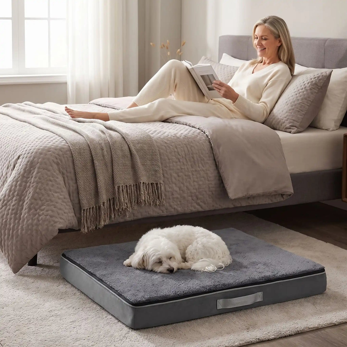 Coussin-déhoussable-chien-chiot-orthopédique avec son matelas à mémoire de forme, éponge coton haute densité anti-affaissement, rectangulaire et épais, housse tissu oxford 600D ultr-résistant et solide avec couverture en peluche, lit 4 saisons, amovible avec fermeture éclair, 100% imperéable et antidérapant, déhoussable et lavable en machine, disponible en 3 tailles S, M et L pour chien jusqu'à 25 kilos max-un petit chien qui dort paisiblement sur le coussin gris au pied du lit de sa maitresse allongée