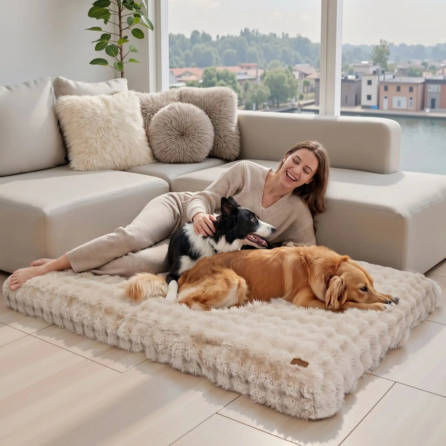 Coussin-dehoussable-chien-chiot rectangulaire en 4-grandes-tailles L, XL, XXL, 3XL, et 4XL pour chien de grande taille et race géante rembourrage 100% coton haute densité ergonomique avec housse déhoussable et lavable en machine imperméable antidérapante et en peluche ultra-douce haute densité, résistant aux griffes, épais et confortable-deux chien de grande race qui jouent avec leur maitresse sur le lit xxl de 200 cm de long de couleur beige marron dans le salon de la maison