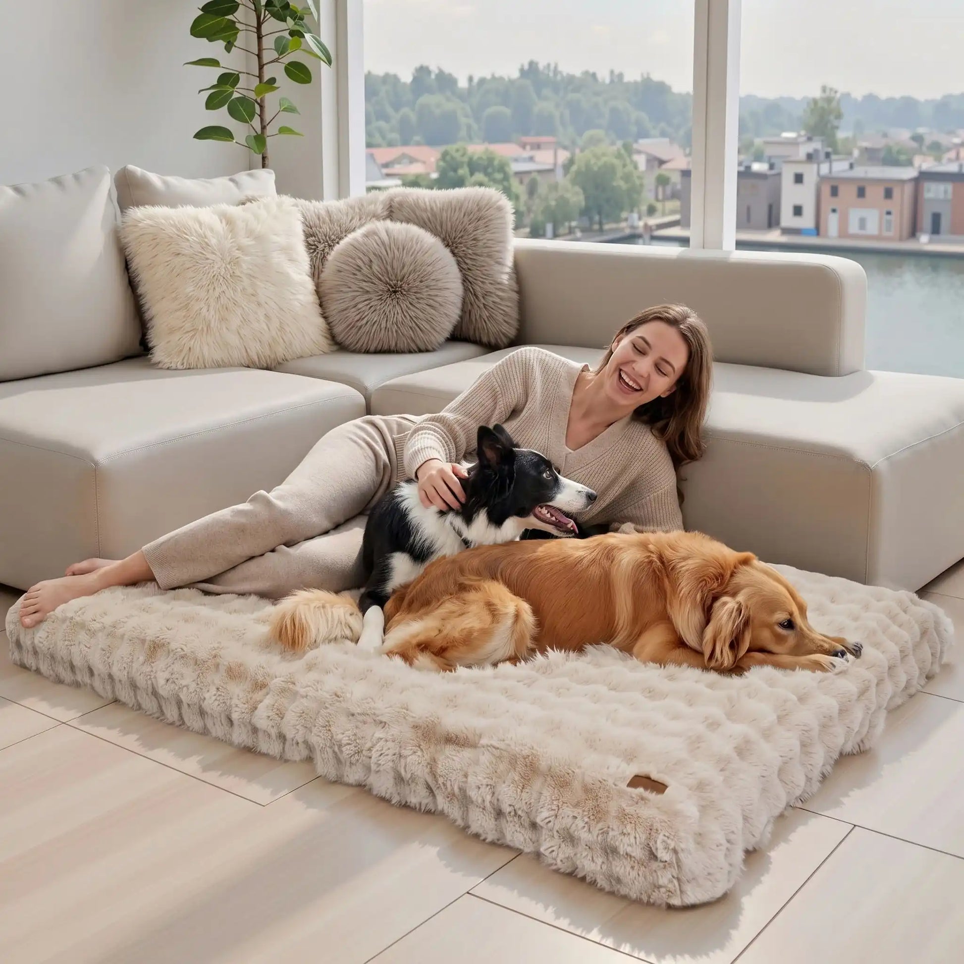 Coussin-dehoussable-chien-chiot rectangulaire en 4-grandes-tailles L, XL, XXL, 3XL, et 4XL pour chien de grande taille et race géante rembourrage 100% coton haute densité ergonomique avec housse déhoussable et lavable en machine imperméable antidérapante et en peluche ultra-douce haute densité, résistant aux griffes, épais et confortable-deux chien de grande race qui jouent avec leur maitresse sur le lit xxl de 200 cm de long de couleur beige marron dans le salon de la maison