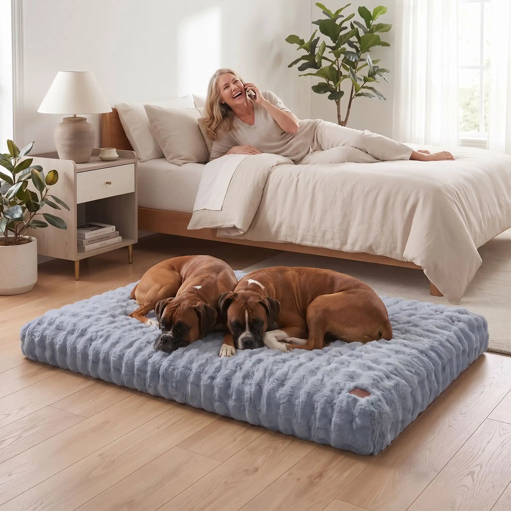 Coussin-dehoussable-chien-chiot rectangulaire en 4-grandes-tailles L, XL, XXL, 3XL, et 4XL pour chien de grande taille et race géante rembourrage 100% coton haute densité ergonomique avec housse déhoussable et lavable en machine imperméable antidérapante et en peluche ultra-douce haute densité, résistant aux griffes, épais et confortable-deux chiens de grande taille couché sur leur grand lit 3xxl de couleur gris et bleu dans la chambre de la maison