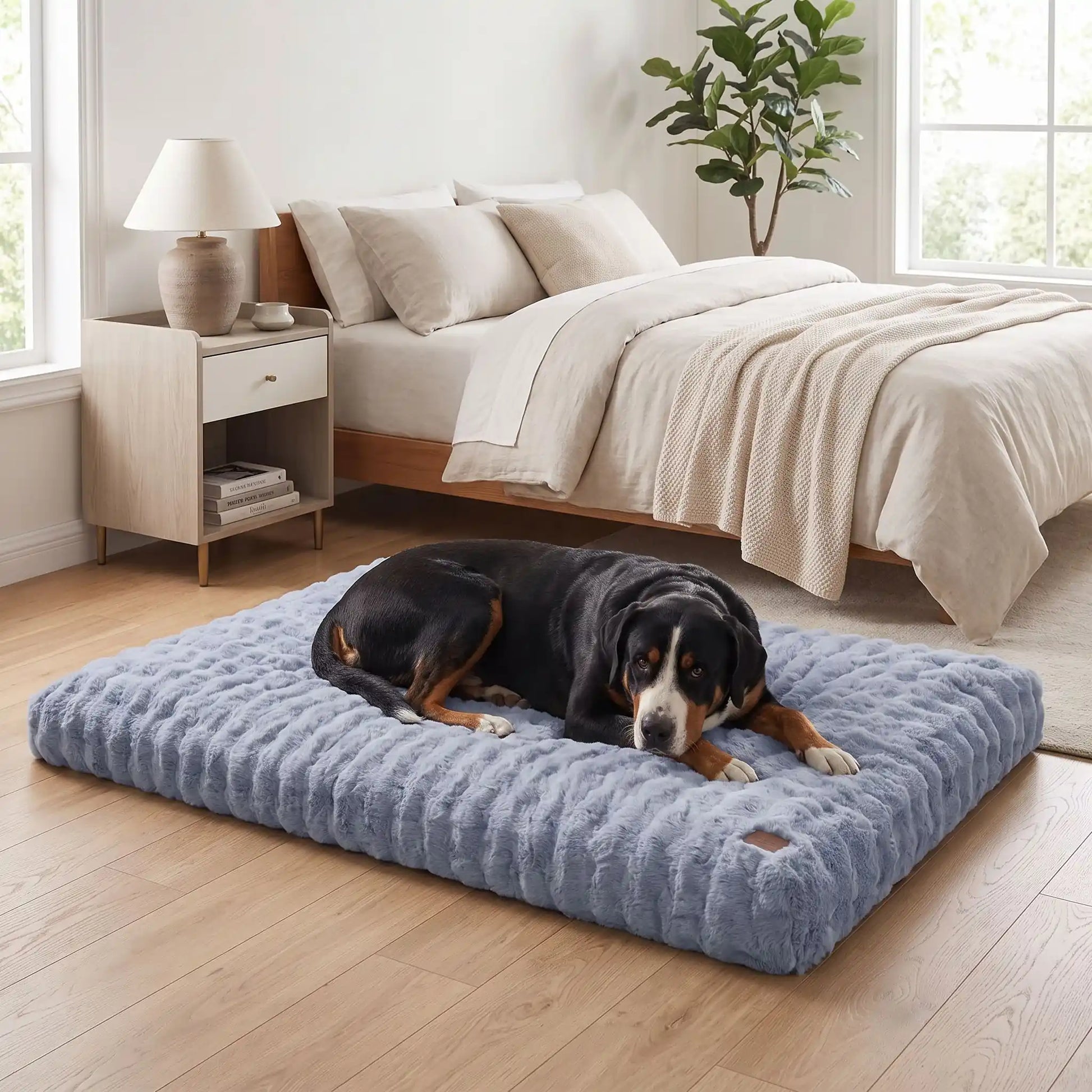 Coussin-dehoussable-chien-chiot rectangulaire en 4-grandes-tailles L, XL, XXL, 3XK, et 4XL pour chien de grande taille et race géante rembourrage 100% coton haute densité ergonomique avec housse déhoussable et lavable en machine imperméable antidérapante et en peluche ultra-douce haute densité, résistant aux griffes, épais et confortable-un chien de très grande race  couché confortablement sur le lit 4xl de 200 cm de long de couleur bleu gris dans la chambre de l'appartement