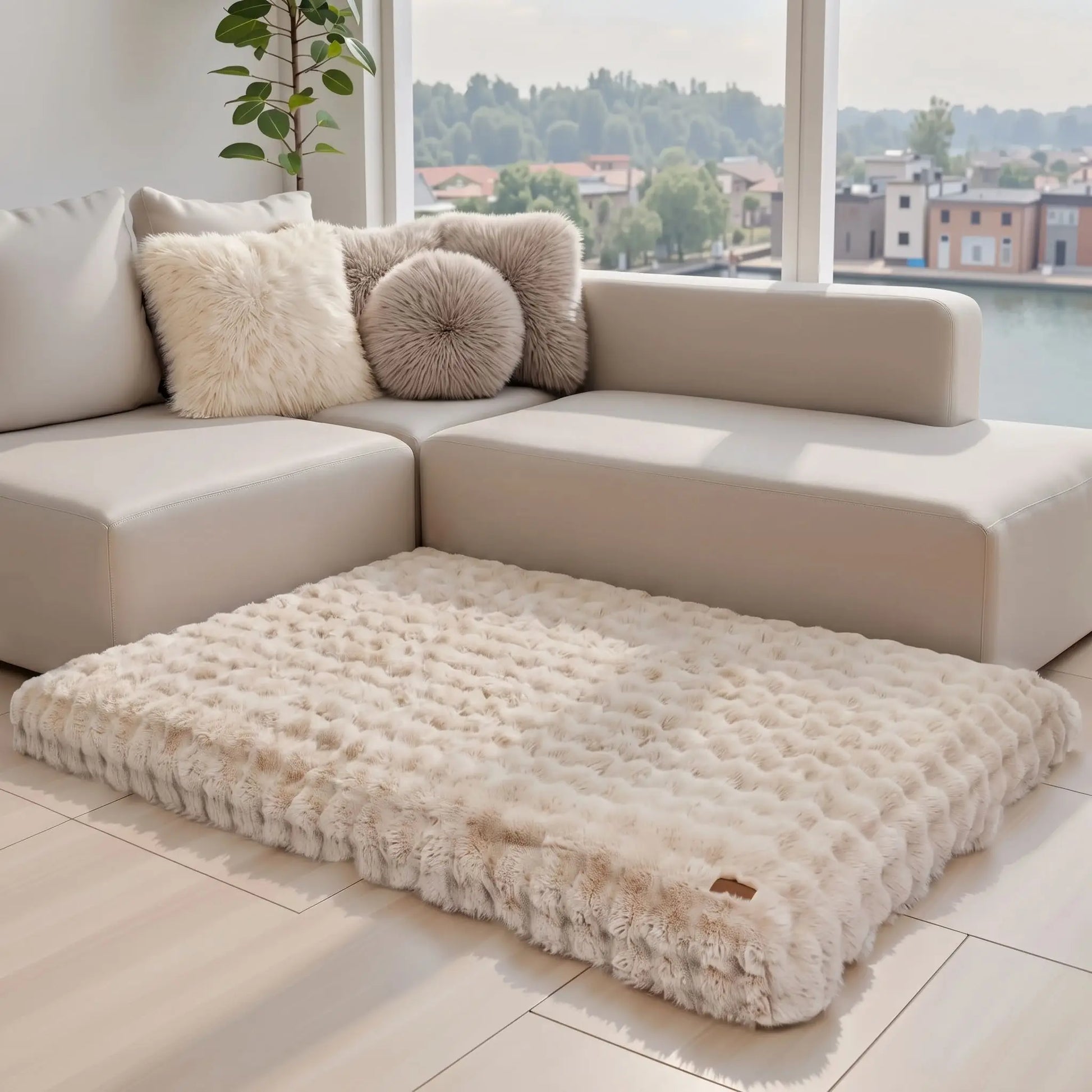 Coussin-dehoussable-chien-chiot rectangulaire en 4-grandes-tailles L, XL, XXL, 3XL, et 4XL pour chien de grande taille et race géante rembourrage 100% coton haute densité ergonomique avec housse déhoussable et lavable en machine imperméable antidérapante et en peluche ultra-douce haute densité, résistant aux griffes, épais et confortable-gros plan sur le lit xxl de 200 cm de long de couleur beige marron dans le salon de l'appartement