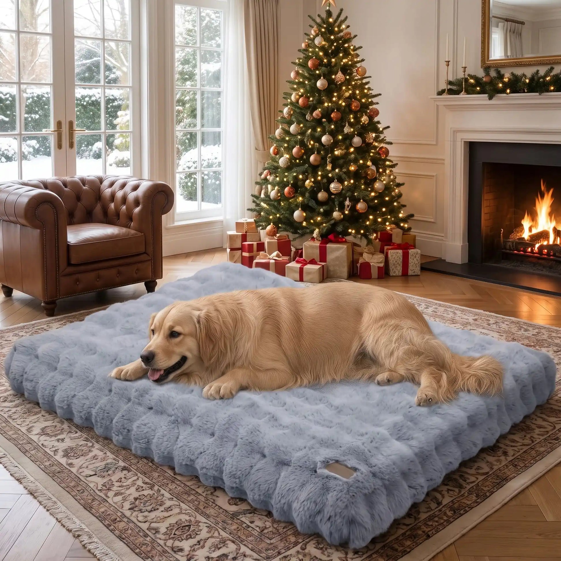 Coussin-dehoussable-chien-chiot rectangulaire en 4-grandes-tailles L, XL, XXL, 3XL, et 4XL pour chien de grande taille et race géante rembourrage 100% coton haute densité ergonomique avec housse déhoussable et lavable en machine imperméable antidérapante et en peluche ultra-douce haute densité, résistant aux griffes, épais et confortable- un chien de taille moyenne couché sur le lit xxl de 120 cm de long de couleur gris bleuté dans le salon de l'appartement