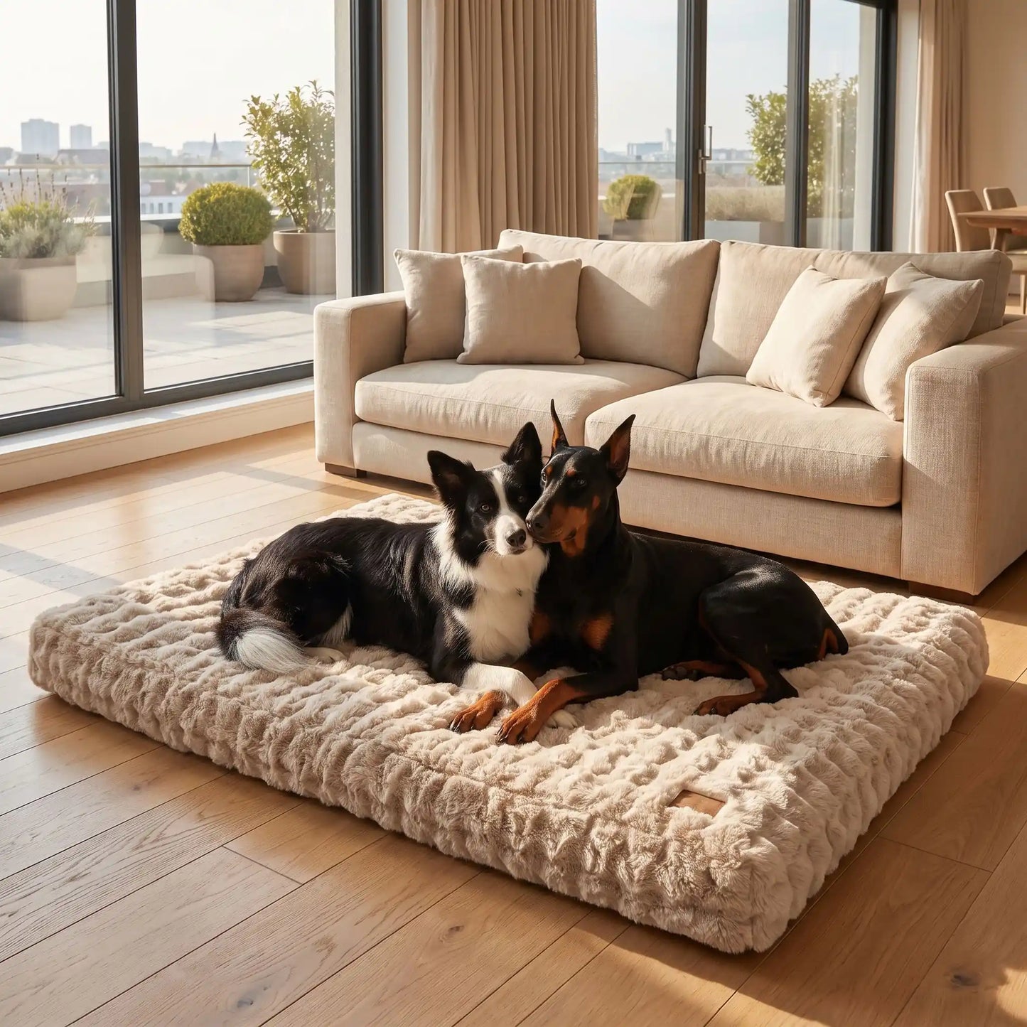 Coussin-dehoussable-chien-chiot rectangulaire en 4-grandes-tailles L, XL, XXL, 3XL et 4XL pour chien de grande taille et race géante rembourrage 100% coton haute densité ergonomique avec housse déhoussable et lavable en machine imperméable antidérapante et en peluche ultra-douce haute densité, résistant aux griffes, épais et confortable-deux grand chien couché confortablement sur le lit xxl de couleur beige marron dans le salon de la maison