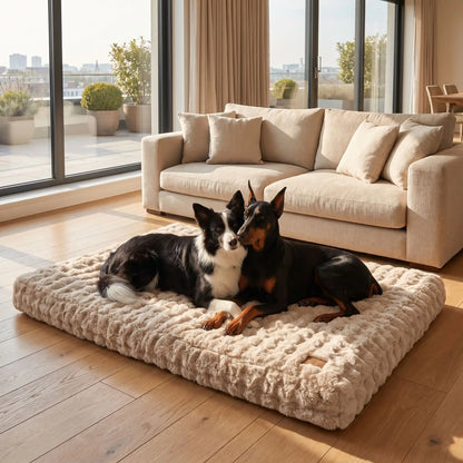 Coussin-dehoussable-chien-chiot rectangulaire en 4-grandes-tailles L, XL, XXL, 3XL et 4XL pour chien de grande taille et race géante rembourrage 100% coton haute densité ergonomique avec housse déhoussable et lavable en machine imperméable antidérapante et en peluche ultra-douce haute densité, résistant aux griffes, épais et confortable-deux grand chien couché confortablement sur le lit xxl de couleur beige marron dans le salon de la maison