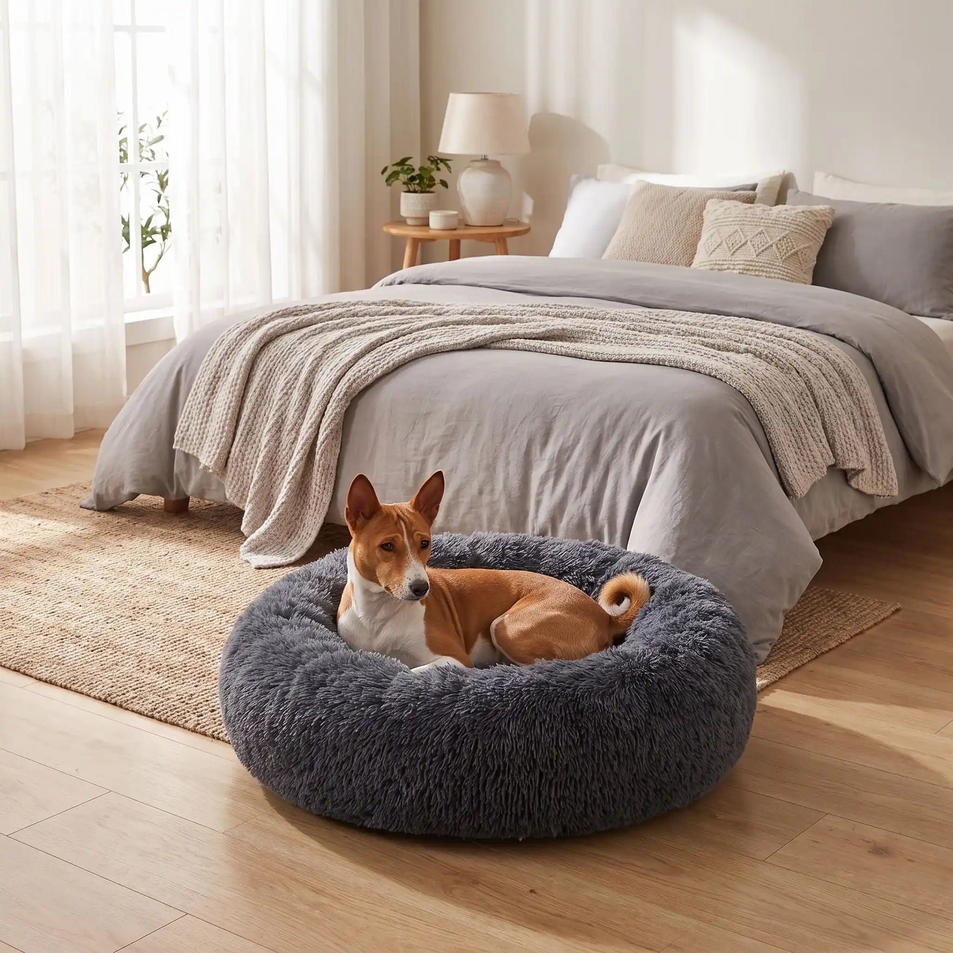Coussin-déhoussable-pour-chien-chiot-antistress en peluche douce et hypoallergénique, lavable en machine, fond antidérapant et imperméable, en forme de beignet rond avec rebord surélevé 360°, rembourrage 100% coton haute densité, disponible en 5 tailles du S au XXL en 3 coloris rose, gris et gris foncé pour chien de 0 à 40 kg max-un chien de taille moyenne couché confortablement dans son coussin entourant et douillet de couleur gris foncé taille L au pied du lit de sa maitresse dans la chambre de la maison