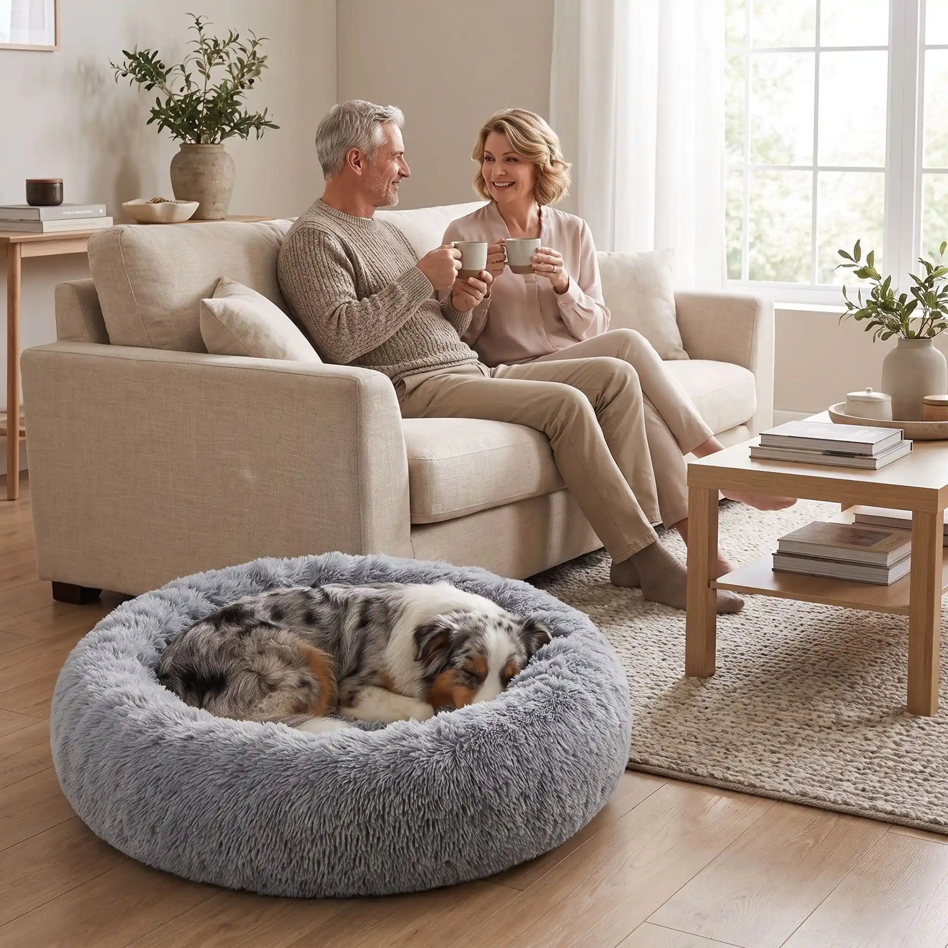 Coussin-déhoussable-pour-chien-chiot-antistress en peluche douce et hypoallergénique, lavable en machine, fond antidérapant et imperméable, en forme de beignet rond avec rebord surélevé 360°, rembourrage 100% coton haute densité, disponible en 5 tailles du S au XXL en 3 coloris rose, gris et gris foncé pour chien de 0 à 40 kg max-un grand chien qui dort couché confortablement dans son coussin entourant et douillet de couleur gris clair de taille xxl au pied du canapé de ses maitres qui boient le café 