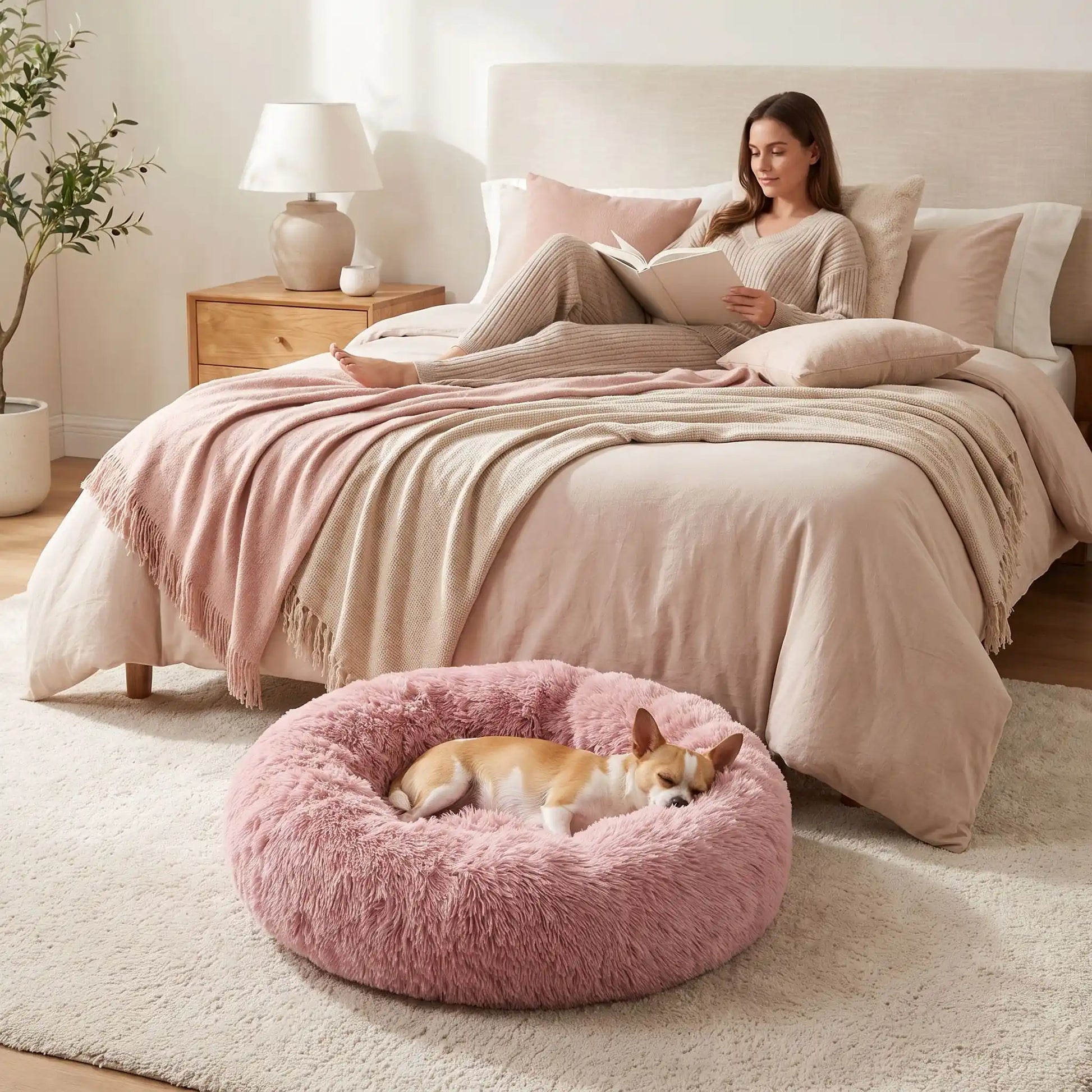 Coussin-déhoussable-pour-chien-chiot-antistress en peluche douce et hypoallergénique, lavable en machine, fond antidérapant et imperméable, en forme de beignet rond avec rebord surélevé 360°, rembourrage 100% coton haute densité, disponible en 5 tailles du S au XXL en 3 coloris rose, gris et gris foncé pour chien de 0 à 40 kg max-un chien de race miniature qui dort paisiblement dans son coussin entourant et chaud de couleur rose taille S au pied du lit de sa maitresse dans la chambre de la maison