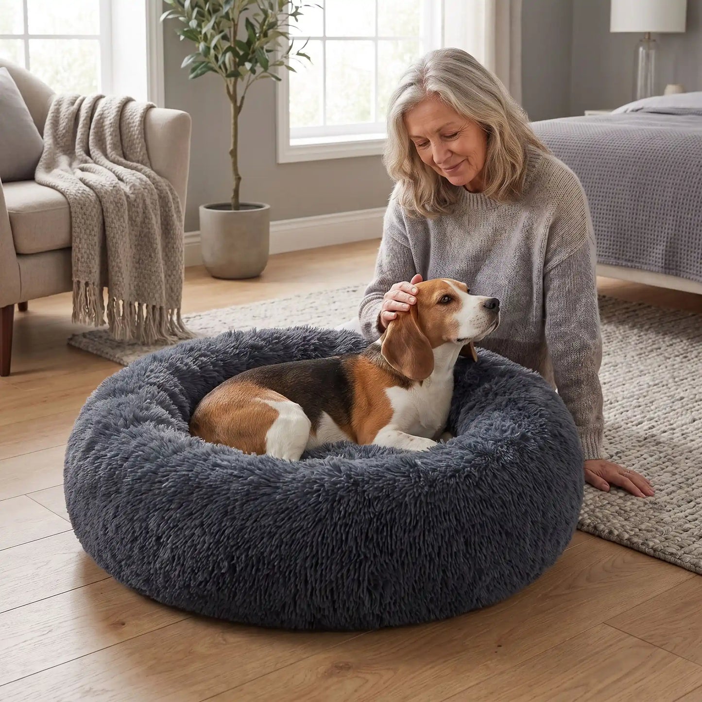 Coussin-déhoussable-pour-chien-chiot-antistress en peluche douce et hypoallergénique, lavable en machine, fond antidérapant et imperméable, en forme de beignet rond avec rebord surélevé 360°, rembourrage 100% coton haute densité, disponible en 5 tailles du S au XXL en 3 coloris rose, gris et gris foncé pour chien de 0 à 40 kg max-un chien moyen couché confortablement dans son coussin entourant et douillet de couleur gris foncé avec sa maitresse qui le caresse tendrement dans le salon de l'appartement