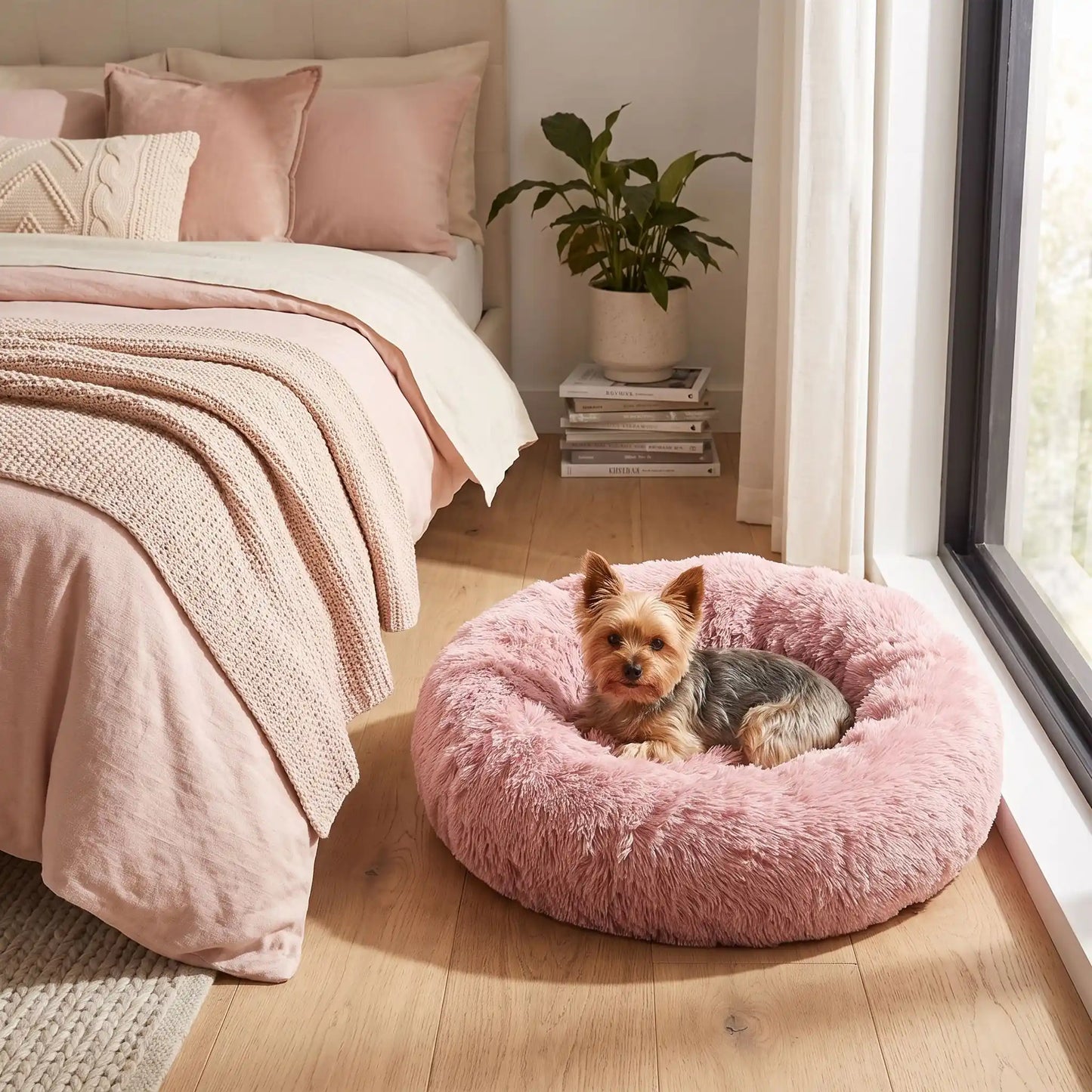Coussin-déhoussable-pour-chien-chiot-antistress en peluche douce et hypoallergénique, lavable en machine, fond antidérapant et imperméable, en forme de beignet rond avec rebord surélevé 360°, rembourrage 100% coton haute densité, disponible en 5 tailles du S au XXL en 3 coloris rose, gris et gris foncé pour chien de 0 à 40 kg max-un petit chien couché confortablement dans son coussin entourant et douillet de couleur rose taille S au pied du lit de sa maitresse dans la chambre de l'appartement