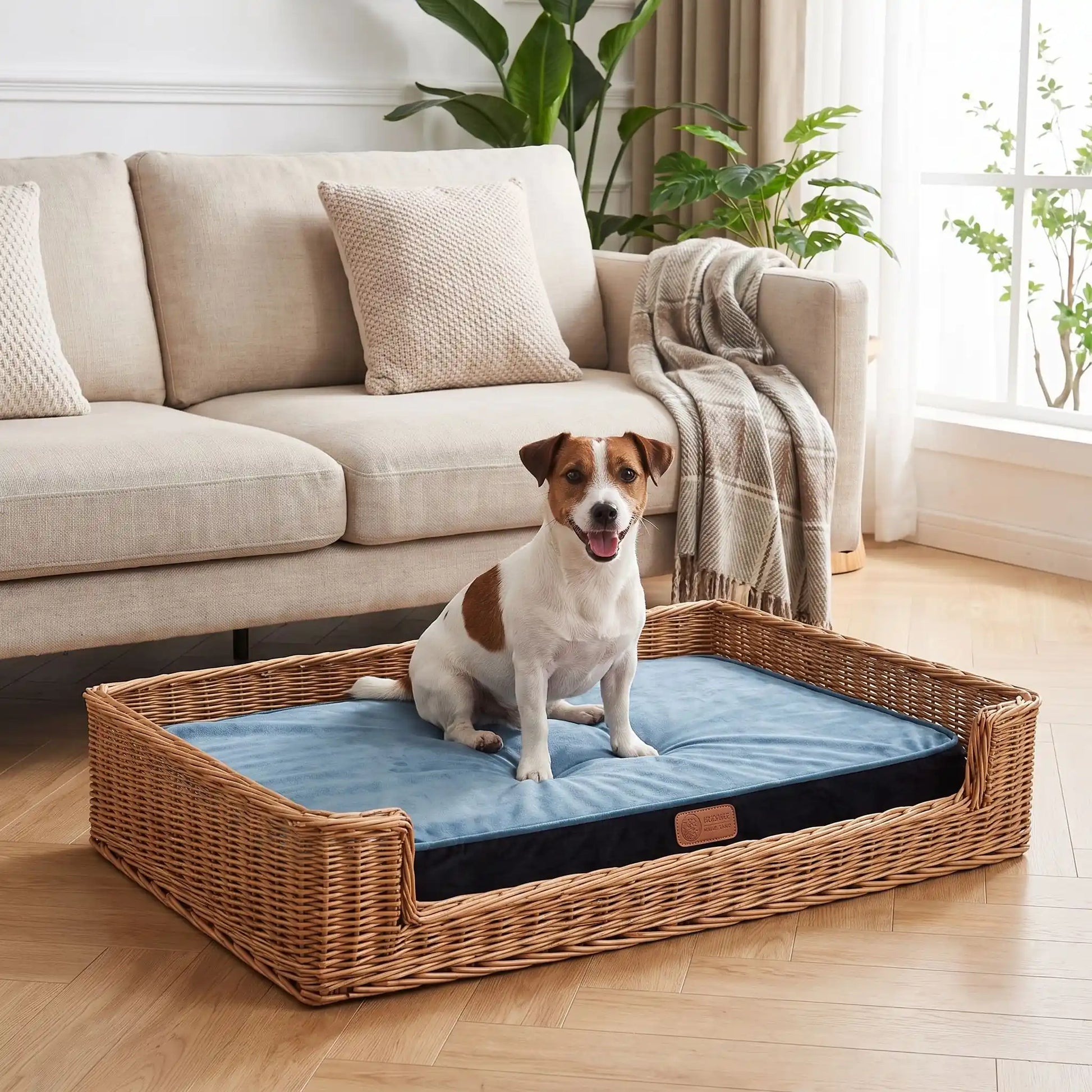 Coussin-déhoussable-chien-chiot-orthopédique avec son matelas en éponge coton haute densité anti-affaissement, rectangulaire et épais, housse en velours et solide, tapis d'appoint pour panier, cage, niche, etc. fond antidérapant, déhoussable et lavable en machine, disponible en 3 tailles S, M et L pour chien jusqu'à 20 kilos max-un petit chien assis confortablement sur le coussin rectangulaire installé dans son panier en osier dans le salon de l'appartement